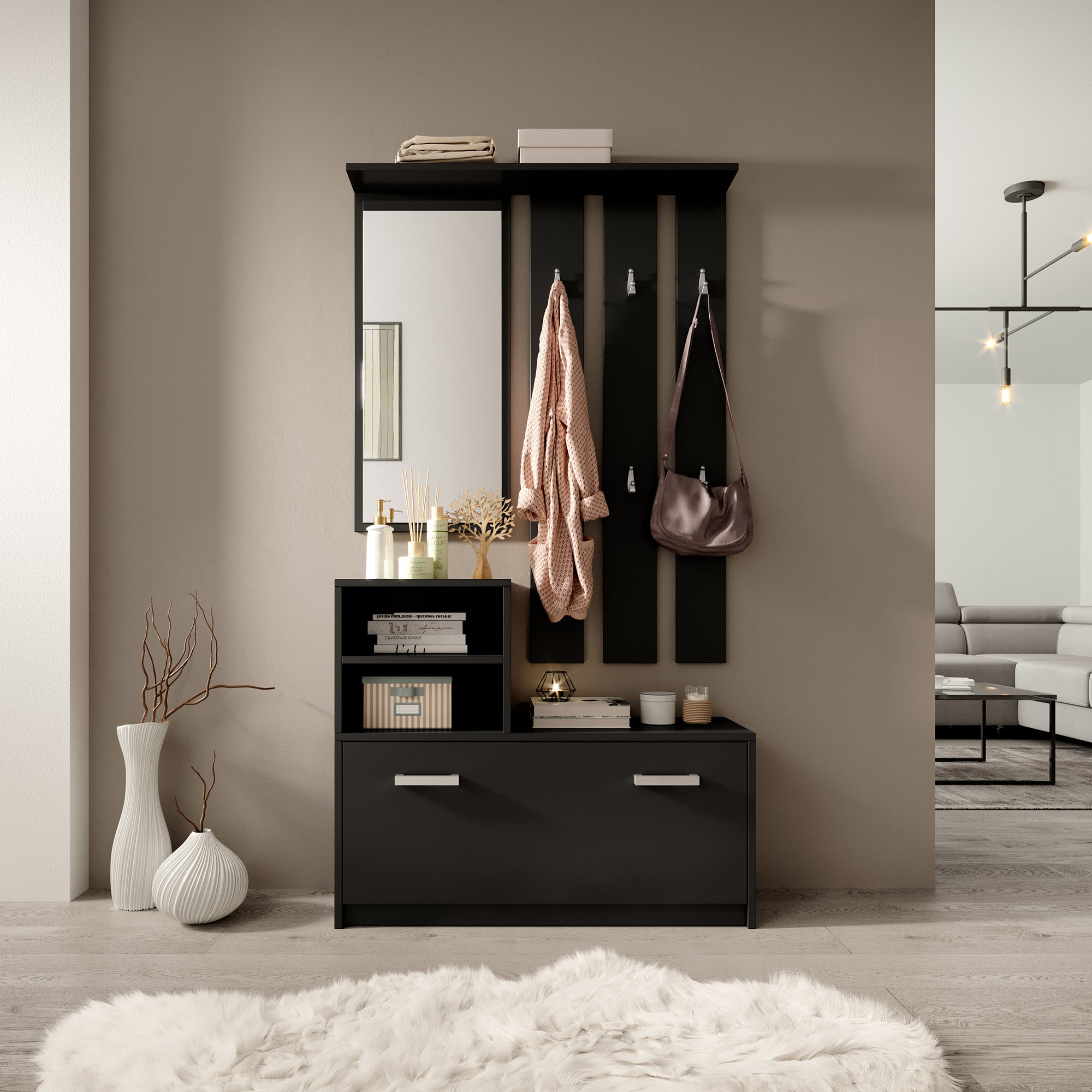 Yesfir Flur-Set mit Spiegel, Haken, Regalen und Schuhschrank Schwarz