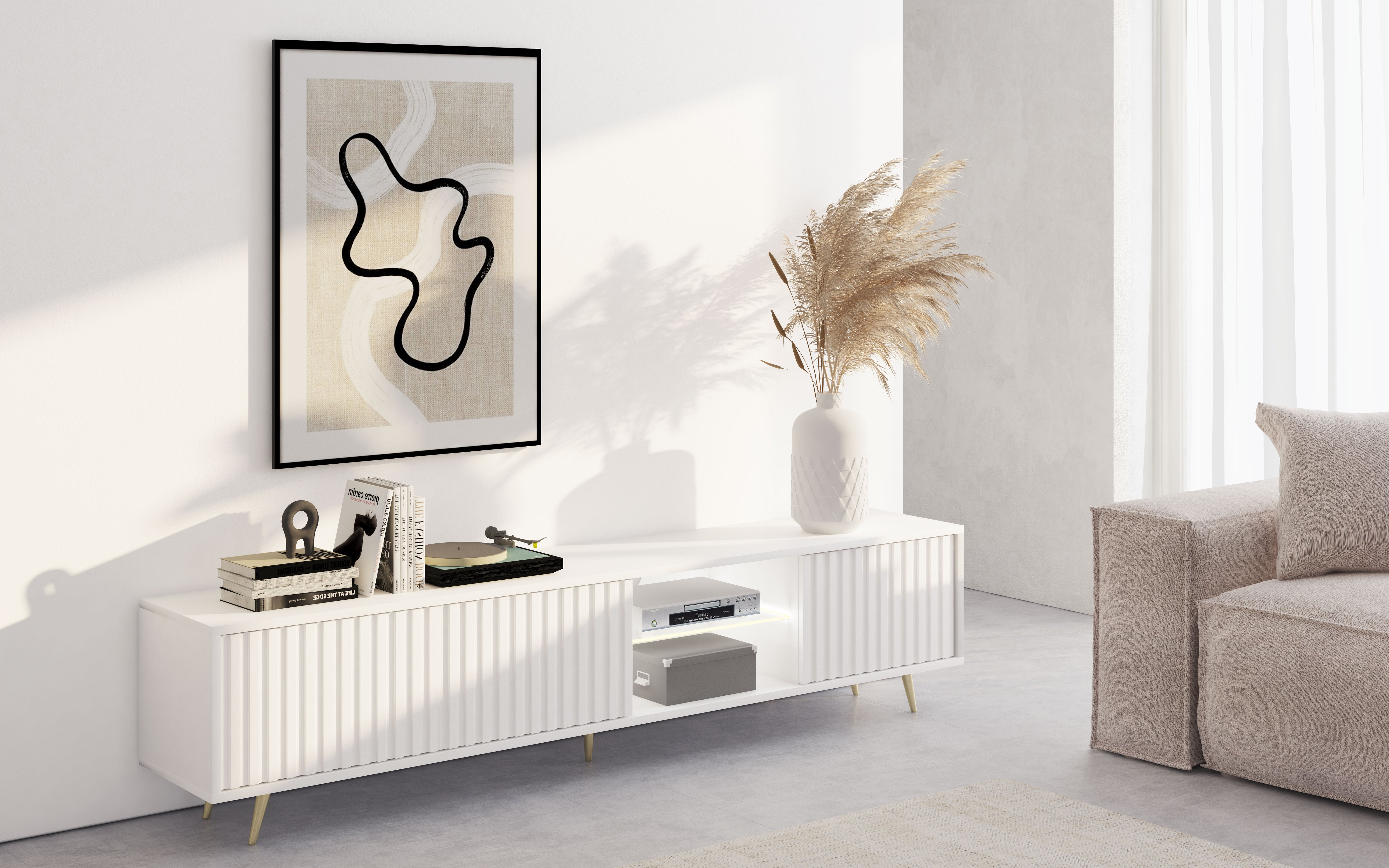 TV-Schrank Bello mit Lamellenfronten, 175 cm, weiß mit LED und goldenen Beinen