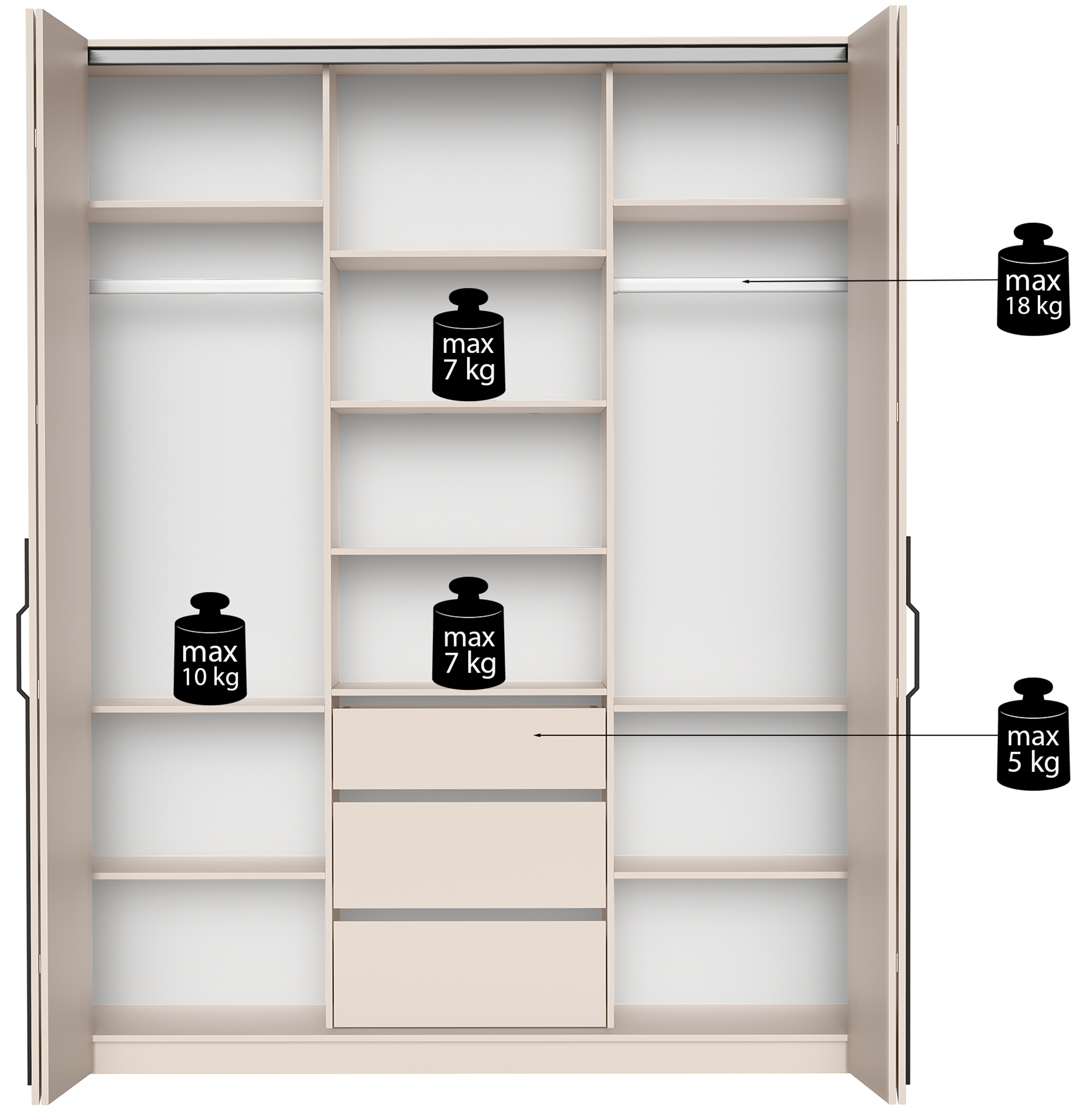 Zweiturige Bari-Garderobe mit drei Schubladen, 200 cm, Eiche Bookmatch