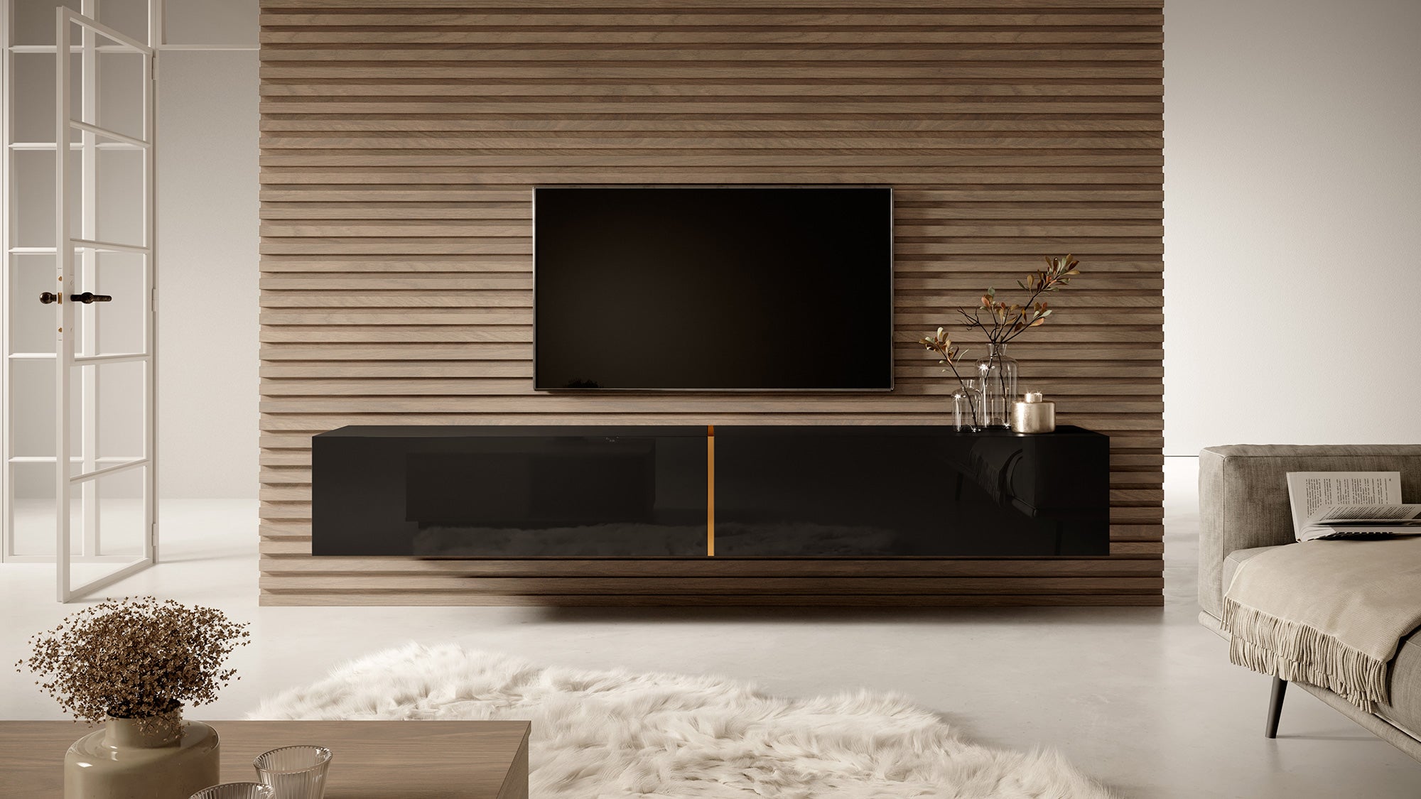 TV-Schrank Bisira 200 cm schwarz mit goldenem Einsatz