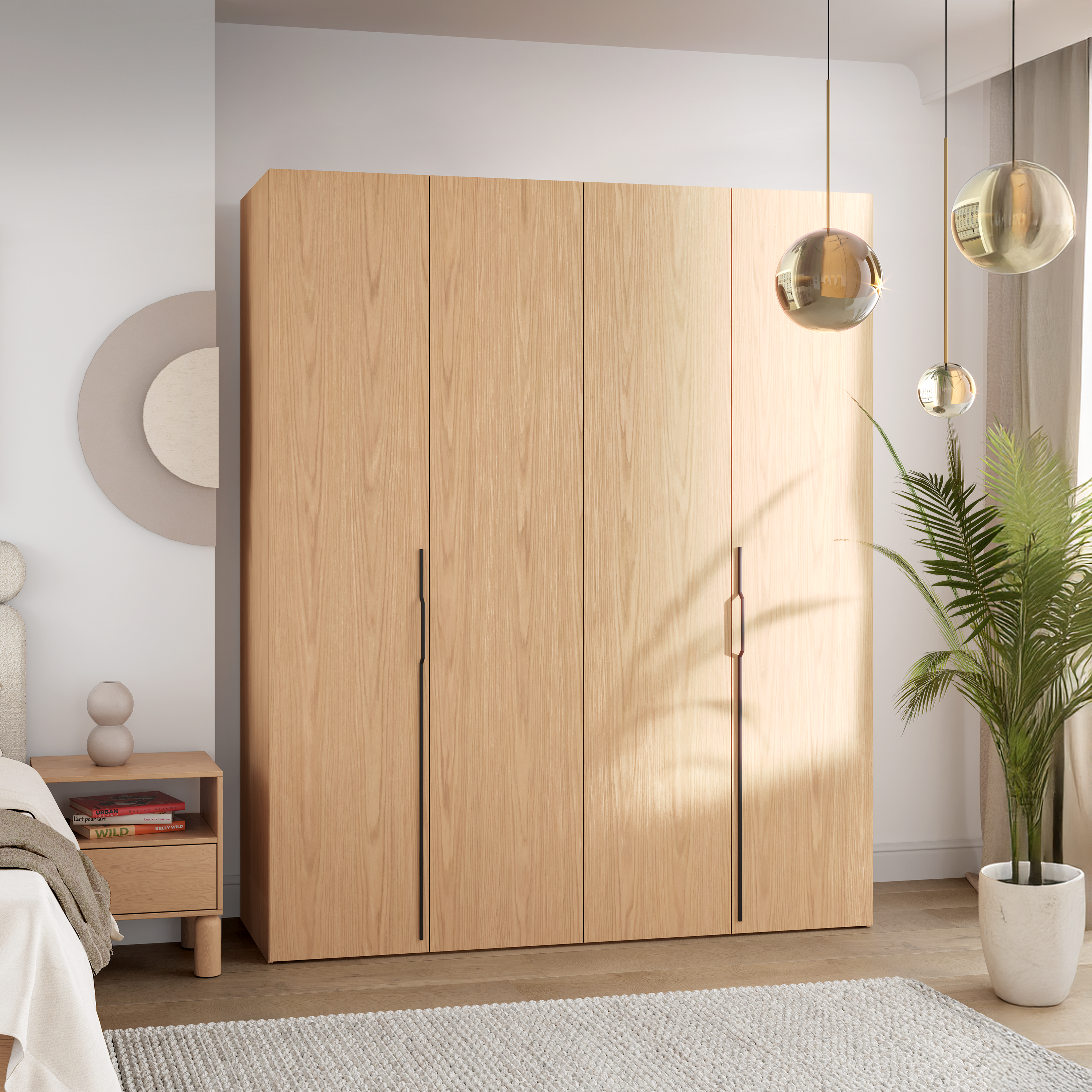 Zweiturige Bari-Garderobe mit drei Schubladen, 200 cm, Eiche Bookmatch
