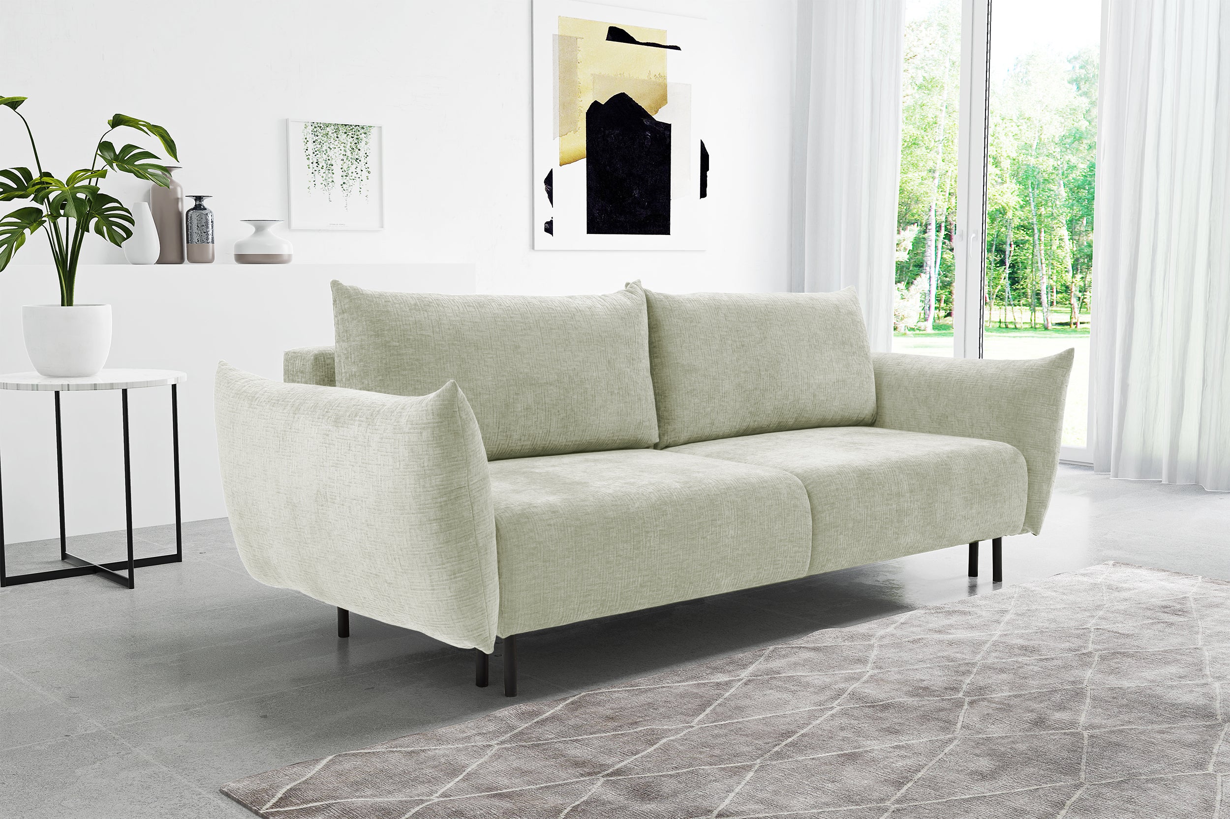 Dreisitziges ausklappbares Sofa Candeiro mit Stauraum, cremefarbenes Chenille