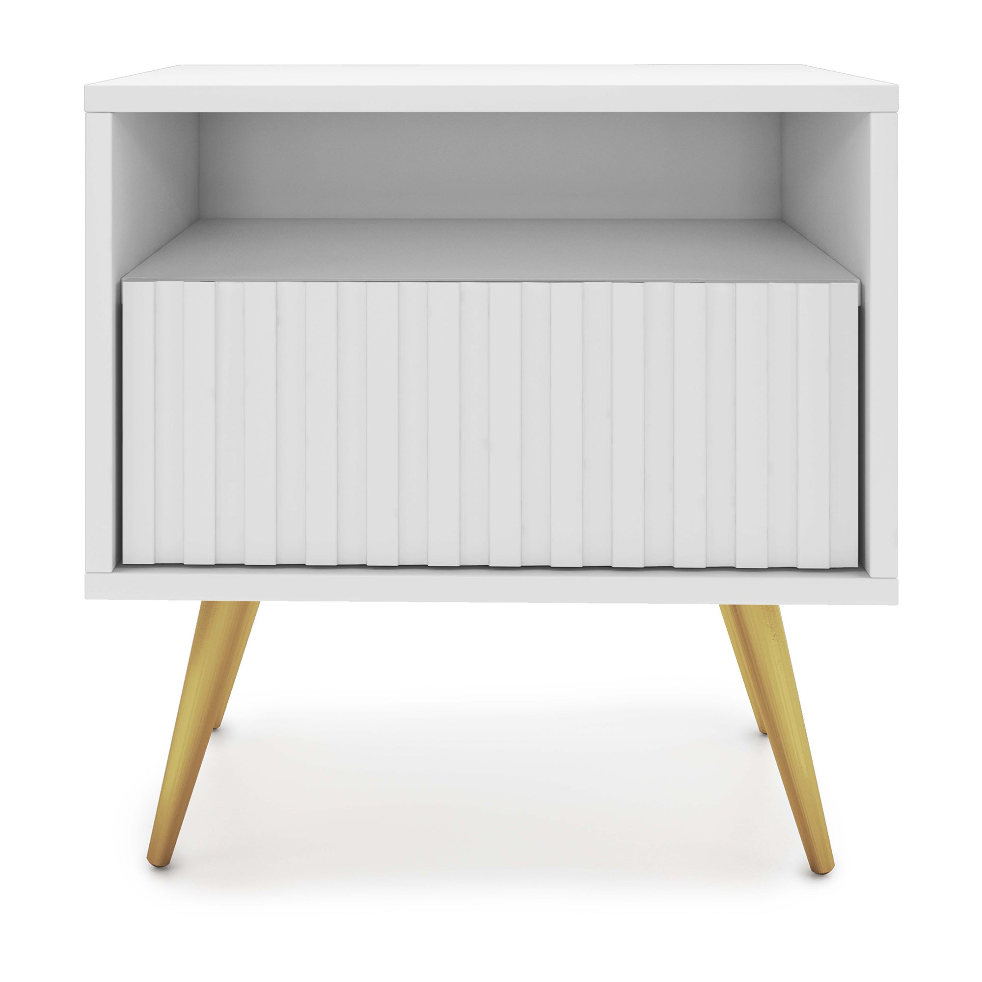 Nachttisch Bello mit Schublade und lamellenförmiger Front, weiß mit goldenen Beinen
