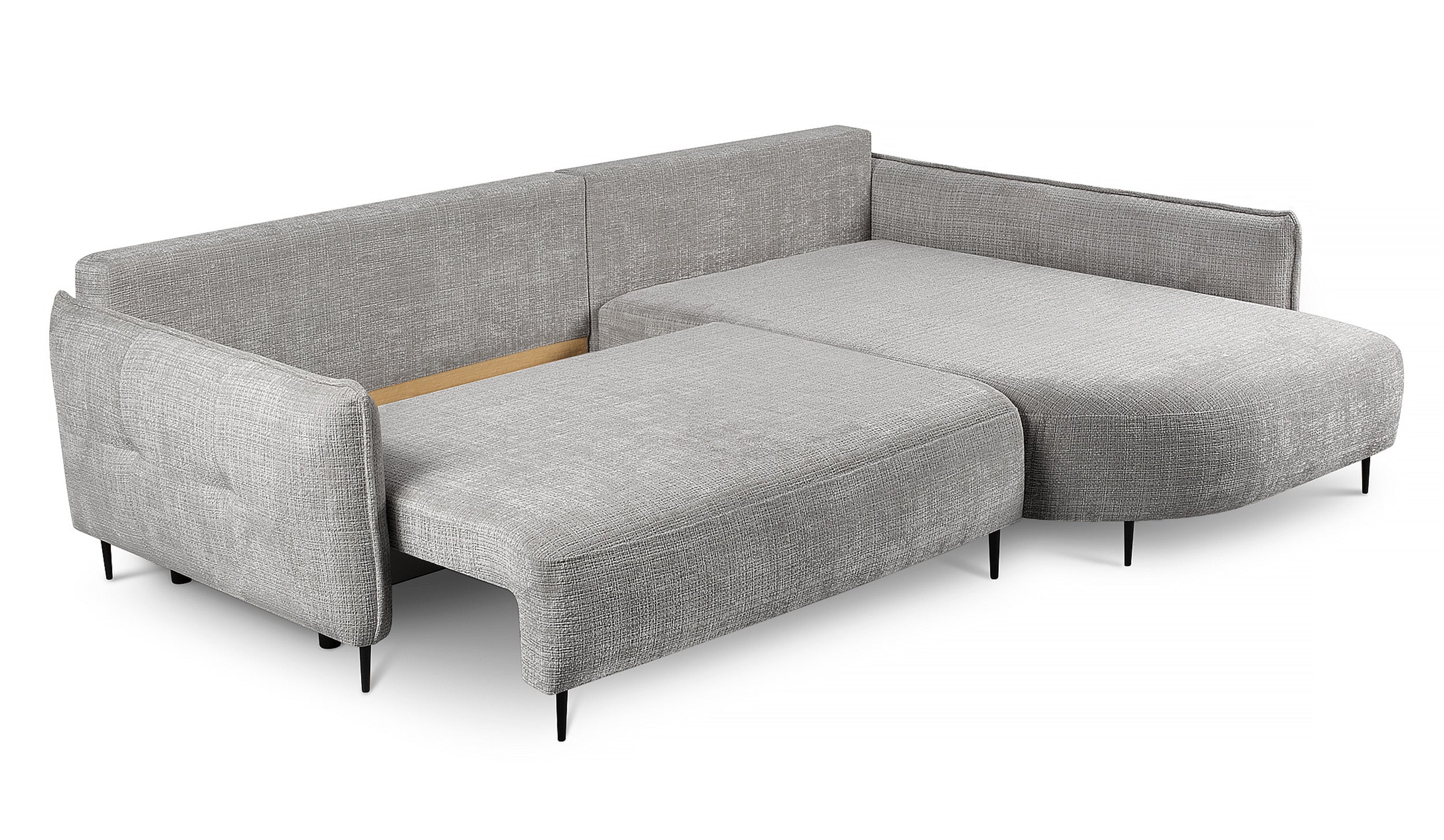 Ecksofa Oblivio mit Schlaffunktion, L-förmig, mit Stauraum, grauer Chenille-Stoff, rechtsseitig