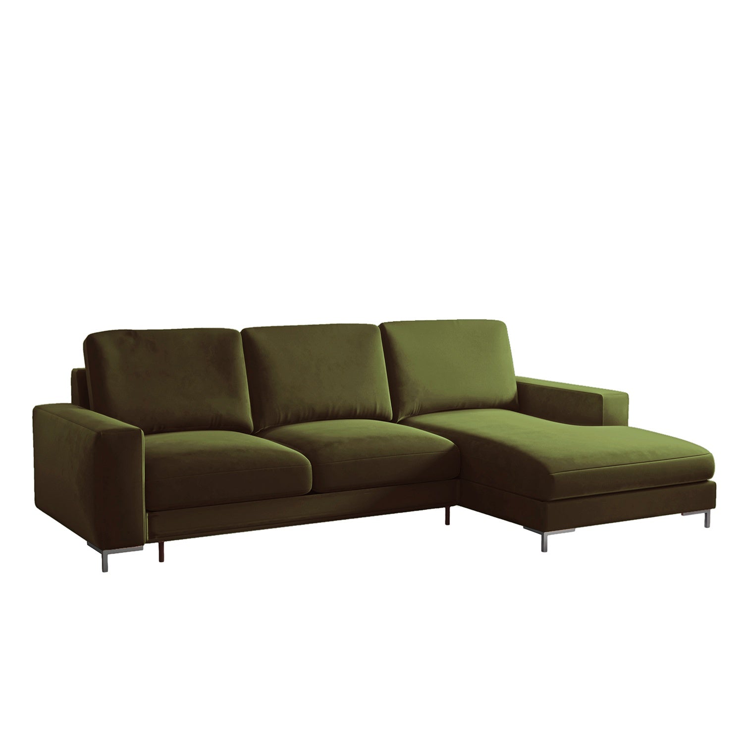 Ecksofa mit Schlafunktion Mokpeo, L-förmig, mit zwei Stauraumfächern, schwarze Füße, olivgrüner Samt, rechtsseitig