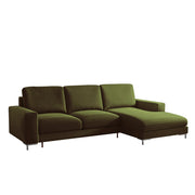 Ecksofa mit Schlafunktion Mokpeo, L-förmig, mit zwei Stauraumfächern, schwarze Füße, olivgrüner Samt, rechtsseitig