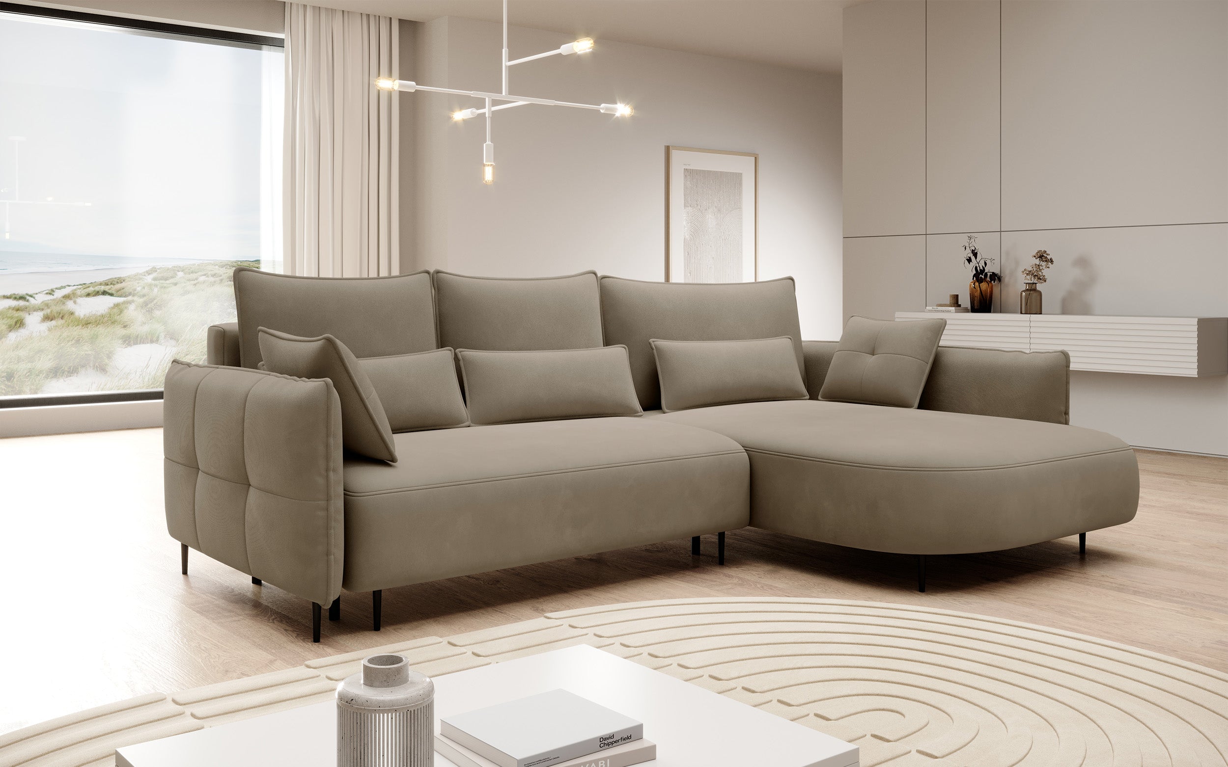 Ecksofa Oblivio mit Schlaffunktion, L-förmig, mit Stauraum, hellbraunes Samt, rechtsseitig, wasserabweisend