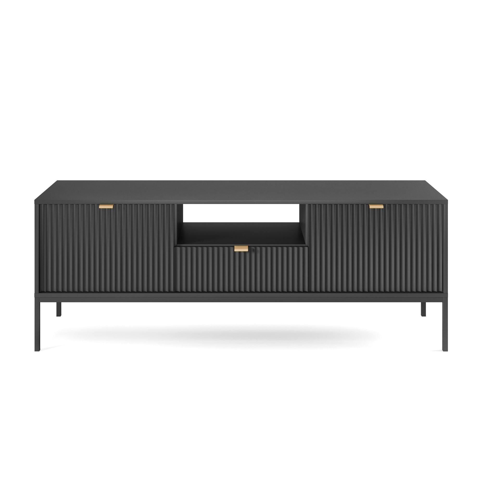 TV-Schrank Vellore 154 cm schwarz mit gerillten Fronten und goldenen Griffen