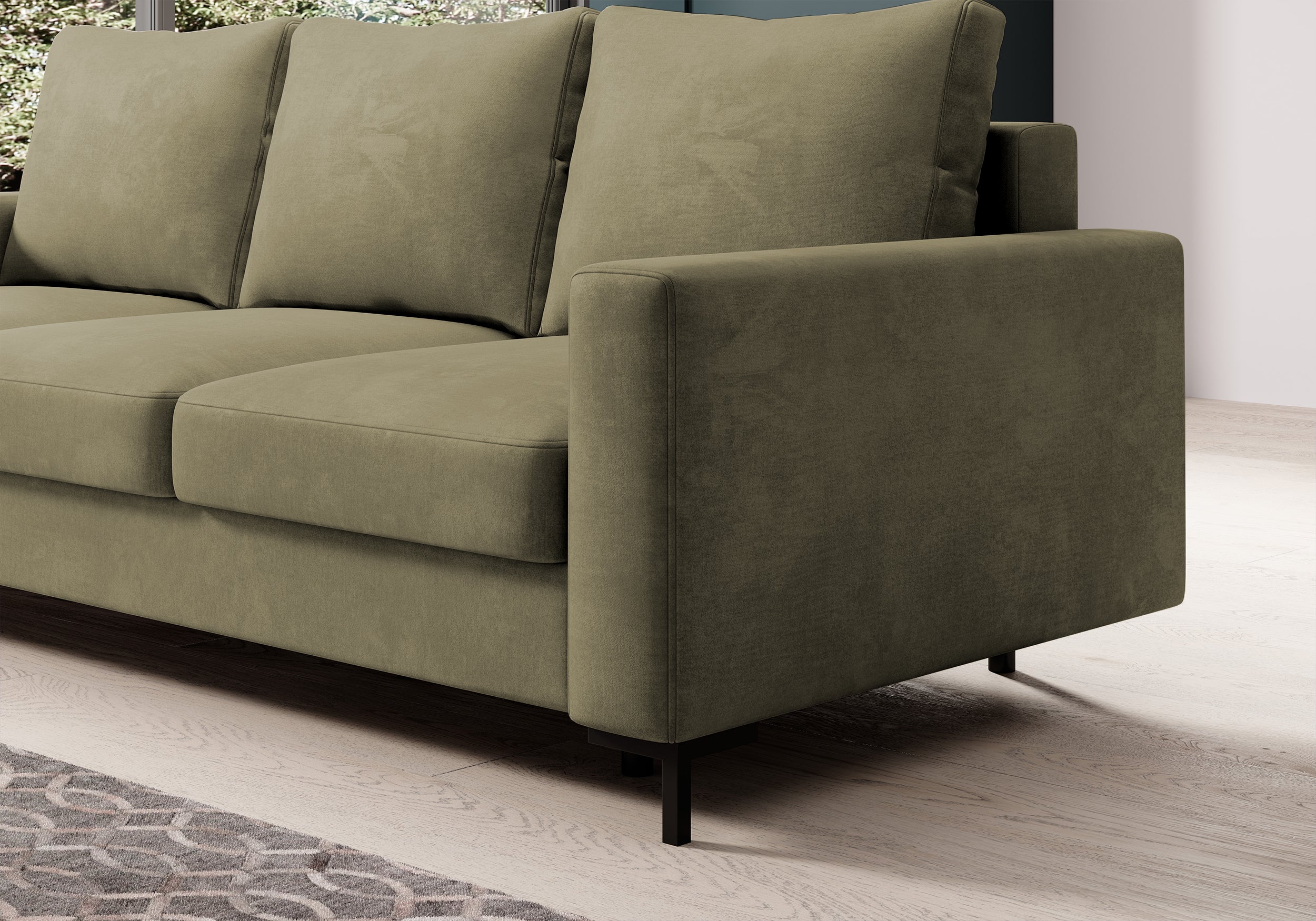 Dreisitziges ausklappbares Sofa Mokpeo mit Stauraum, dunkelbeige Samtvelours