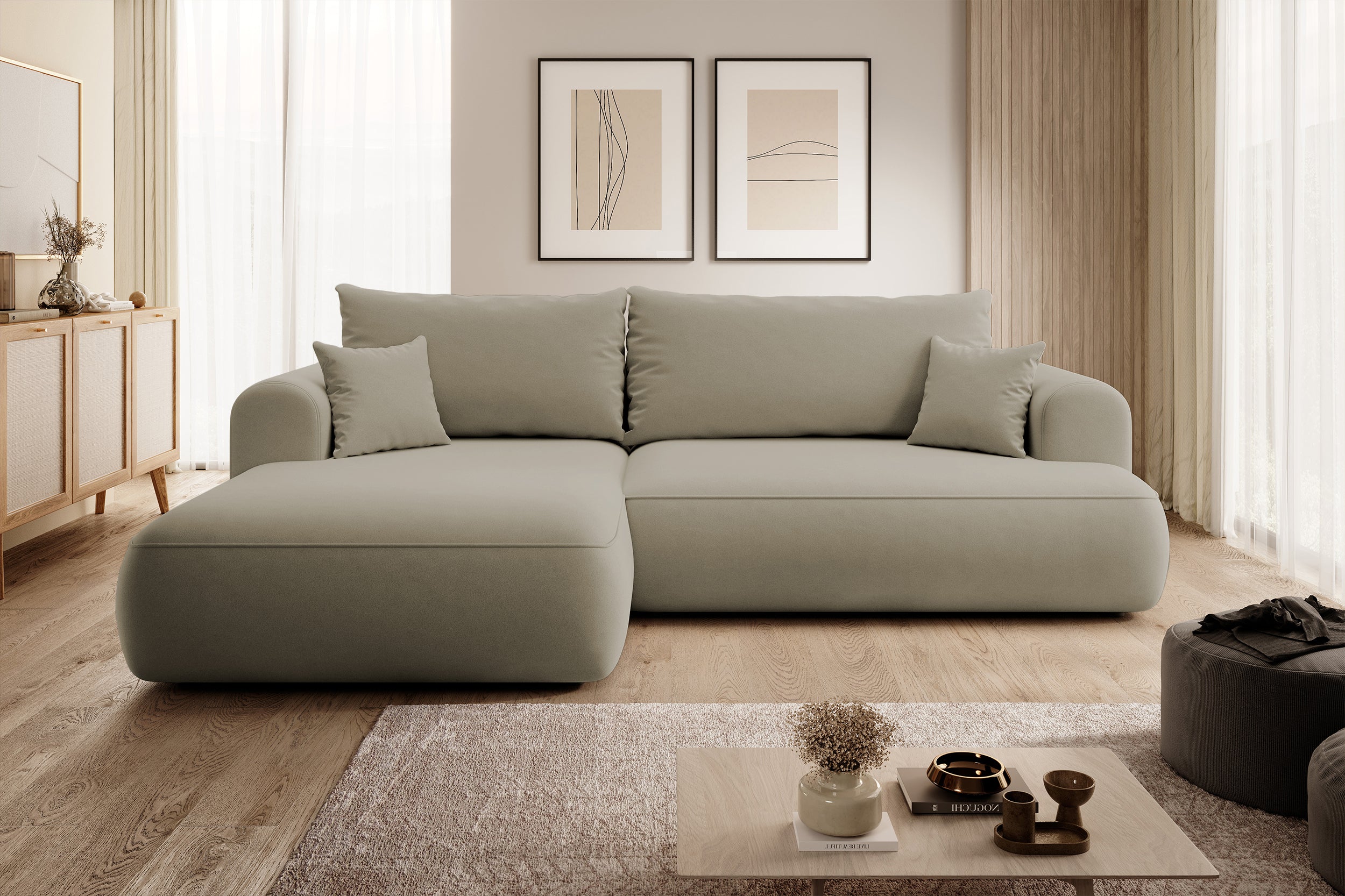Ecksofa mit Schlafunktion Ovo, L-förmig, beige Velours mit Stauraum, aus leicht zu reinigendem Stoff, linksseitig