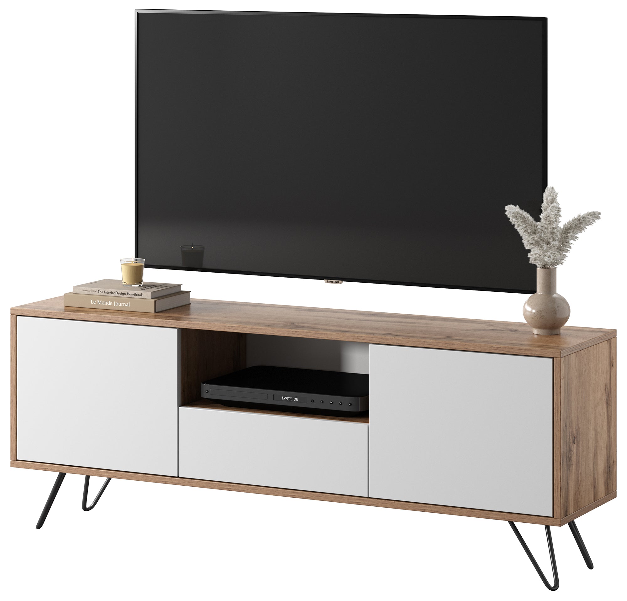 TV-Schrank Ploystea 137 cm Wotan-Eiche / Weiß mit Beleuchtung