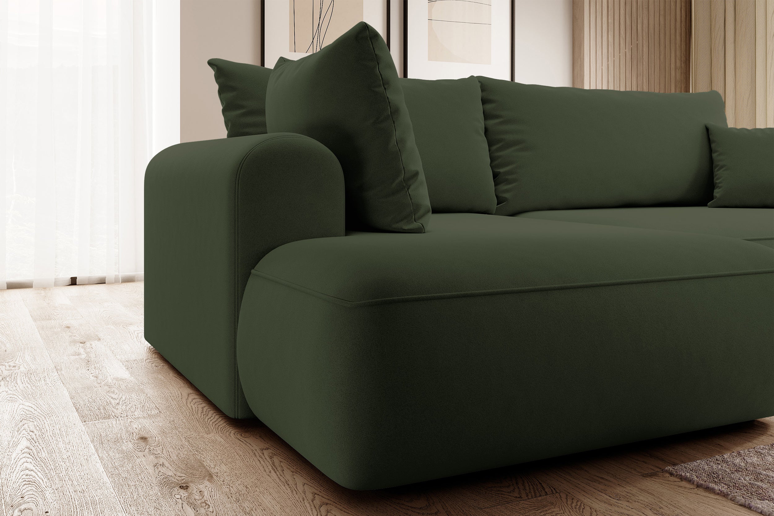 Ecksofa mit Schlaffunktion Ovo, L-förmig, mit Armlehne und Stauraum, olivgrüner, pflegeleichter Samt, linksseitig