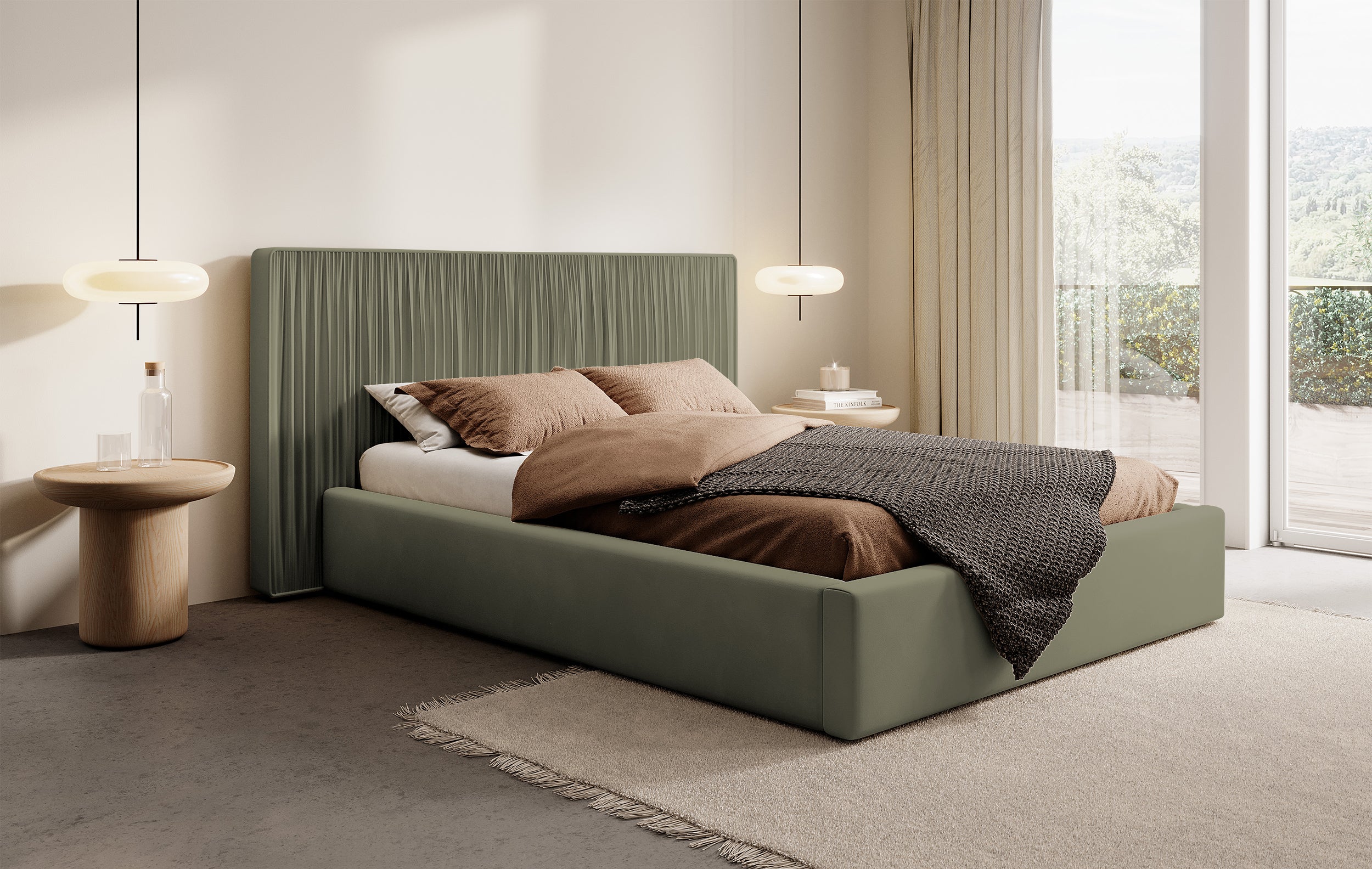 Polsterbett 160x200 cm Toile mit Stauraum und Metallrahmen, olivgrüner Samt