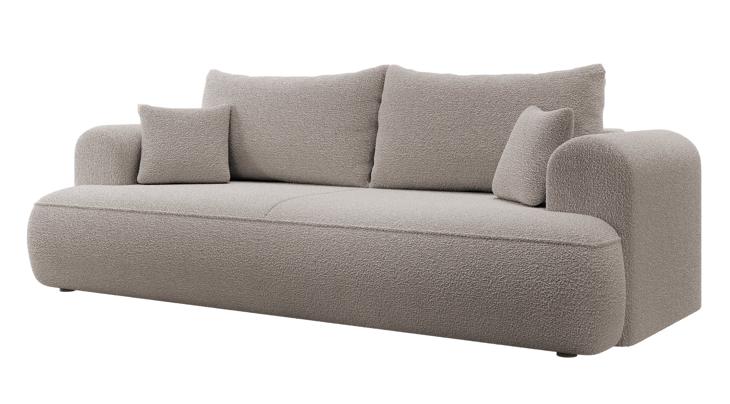 Dreisitziges ausklappbares Sofa Ovo mit Stauraum, dunkelbeiges Bouclé