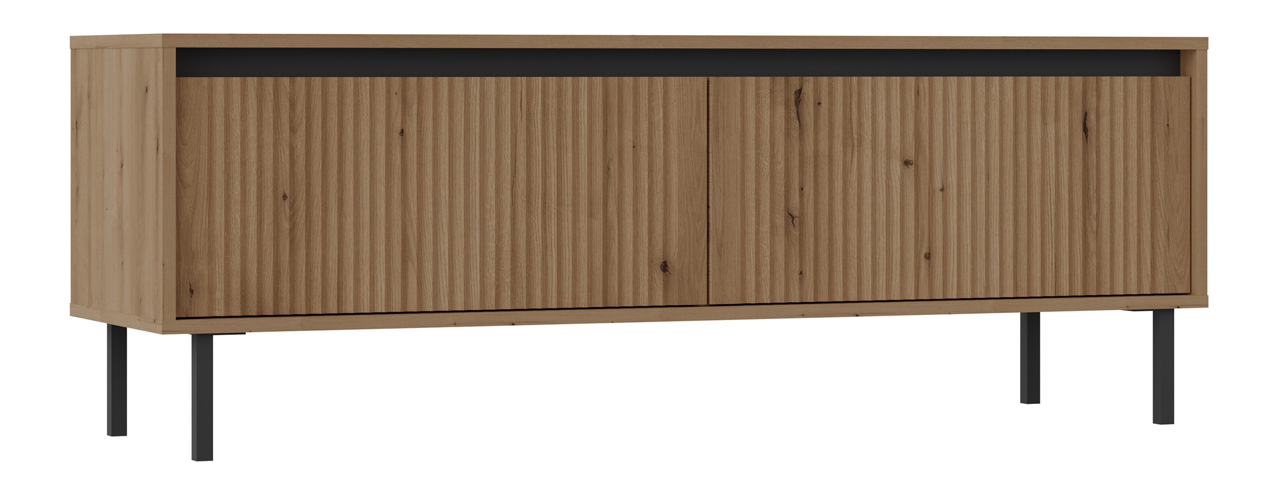 TV-Schrank Osaka mit zwei Schubladen und gerillten Fronten, 140 cm, Eiche Evoke auf schwarzen Beinen