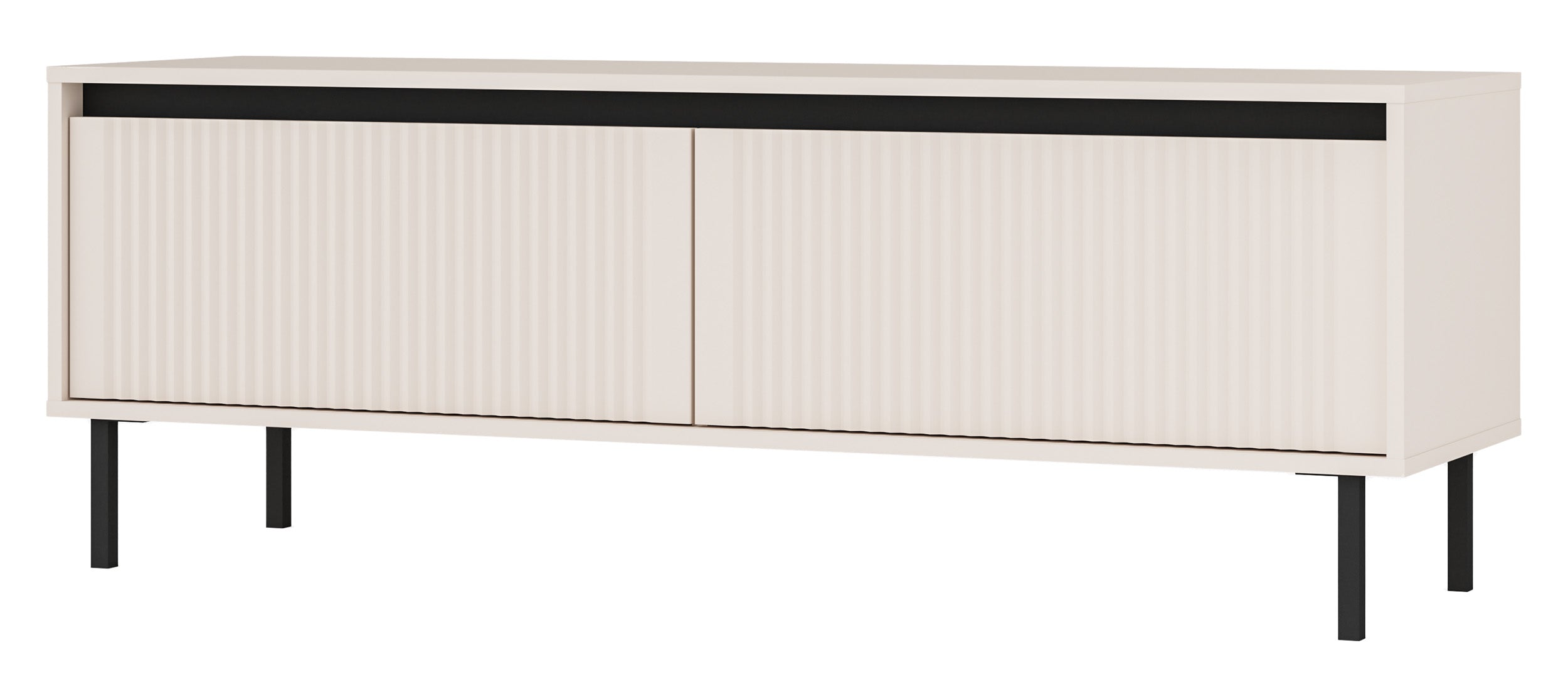 TV-Schrank Osaka mit zwei Schubladen und gerillten Fronten, 140 cm, sandbeige auf schwarzen Beinen