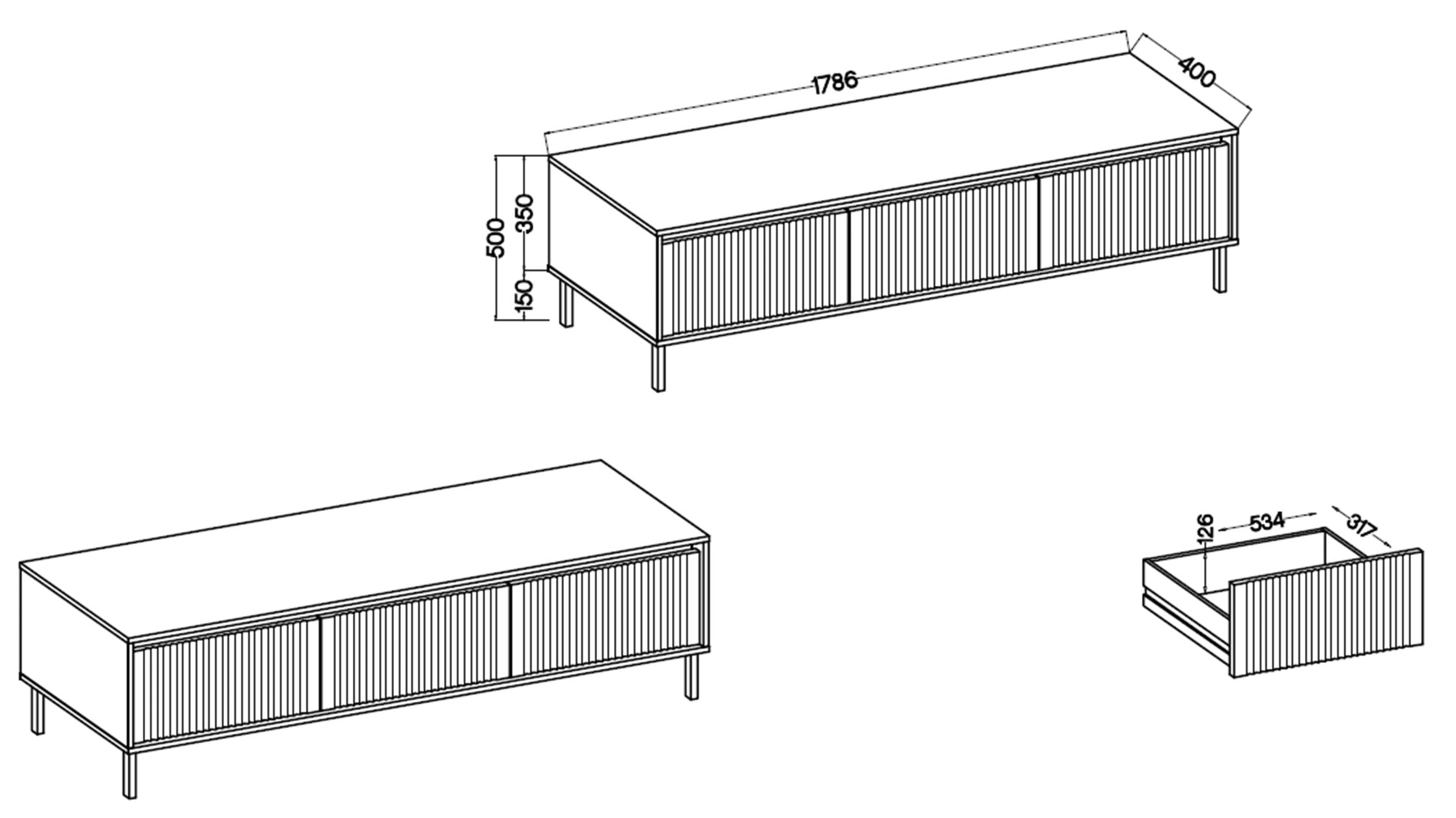 TV-Schrank Osaka mit zwei Schubladen und gerillten Fronten, 140 cm, sandbeige auf schwarzen Beinen