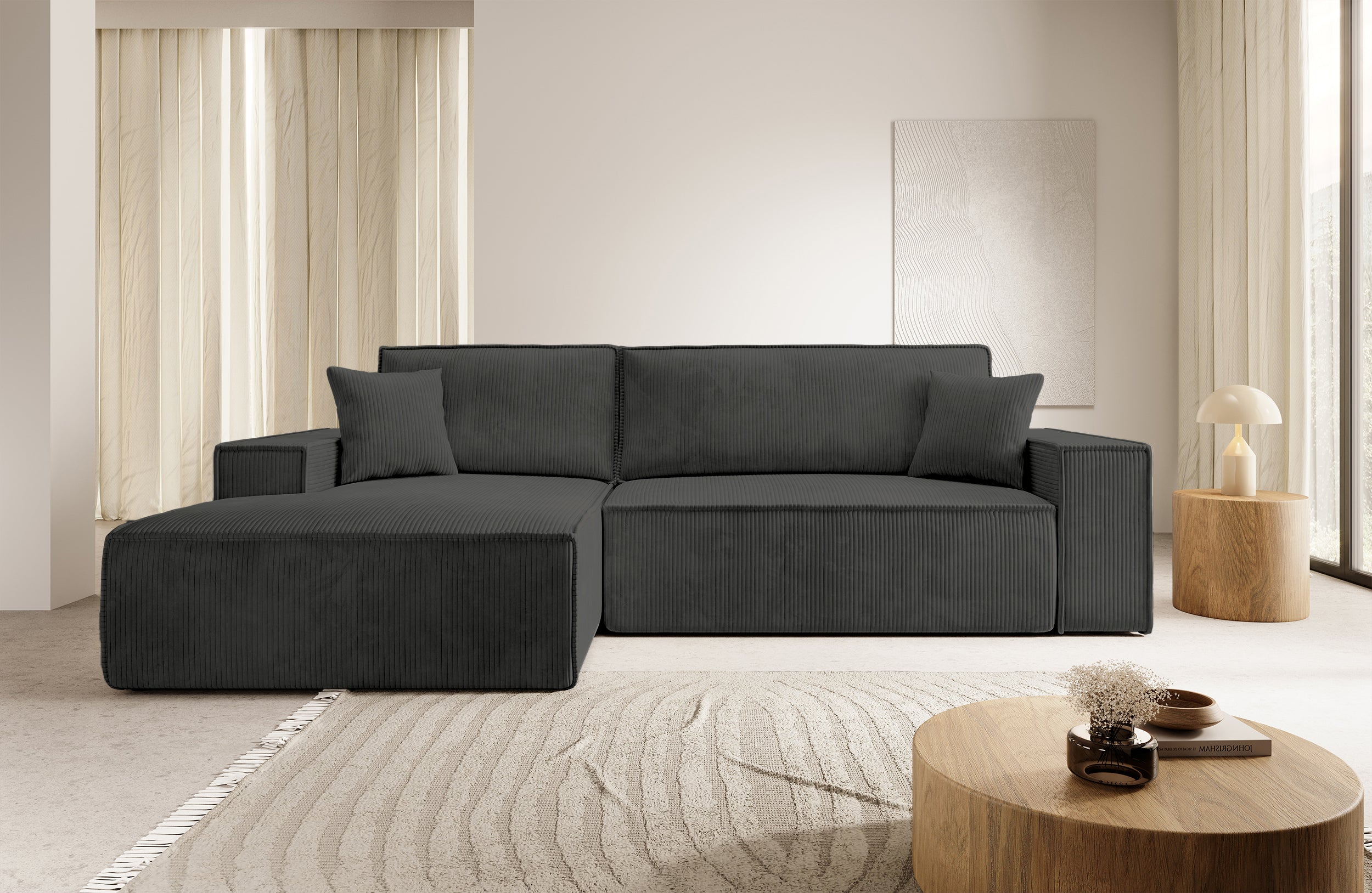Ecksofa mit Schlaffunktion Farese New L-förmig mit Stauraum, dunkelgrauer Cord, linksseitig