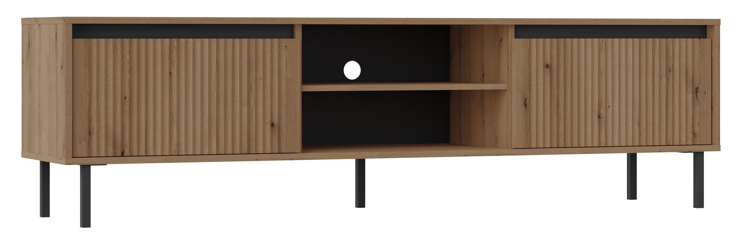 TV-Schrank Osaka mit zwei Schubladen und einem Regal, 179 cm, Eiche Evoke auf schwarzen Beinen