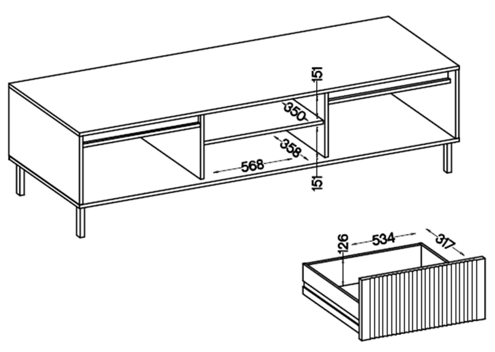 TV-Schrank Osaka mit zwei Schubladen und einem Regal, 179 cm, Eiche Evoke auf schwarzen Beinen