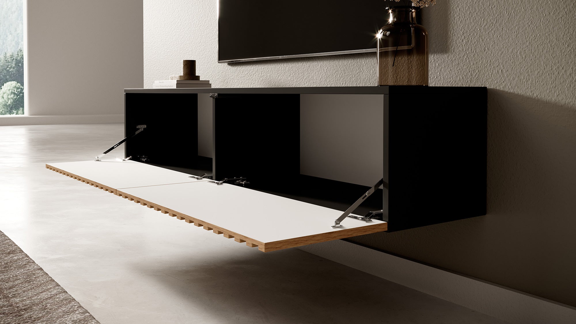 TV-Schrank Telire 138,6 cm schwarz mit lamellenförmiger Front Artisan-Eiche