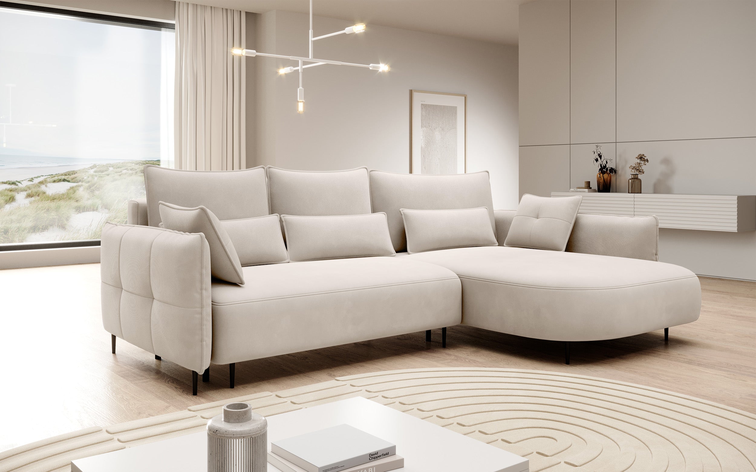 Ecksofa Oblivio mit Schlaffunktion, L-förmig, mit Stauraum, cremefarbener Samt, rechtsseitig, wasserabweisend