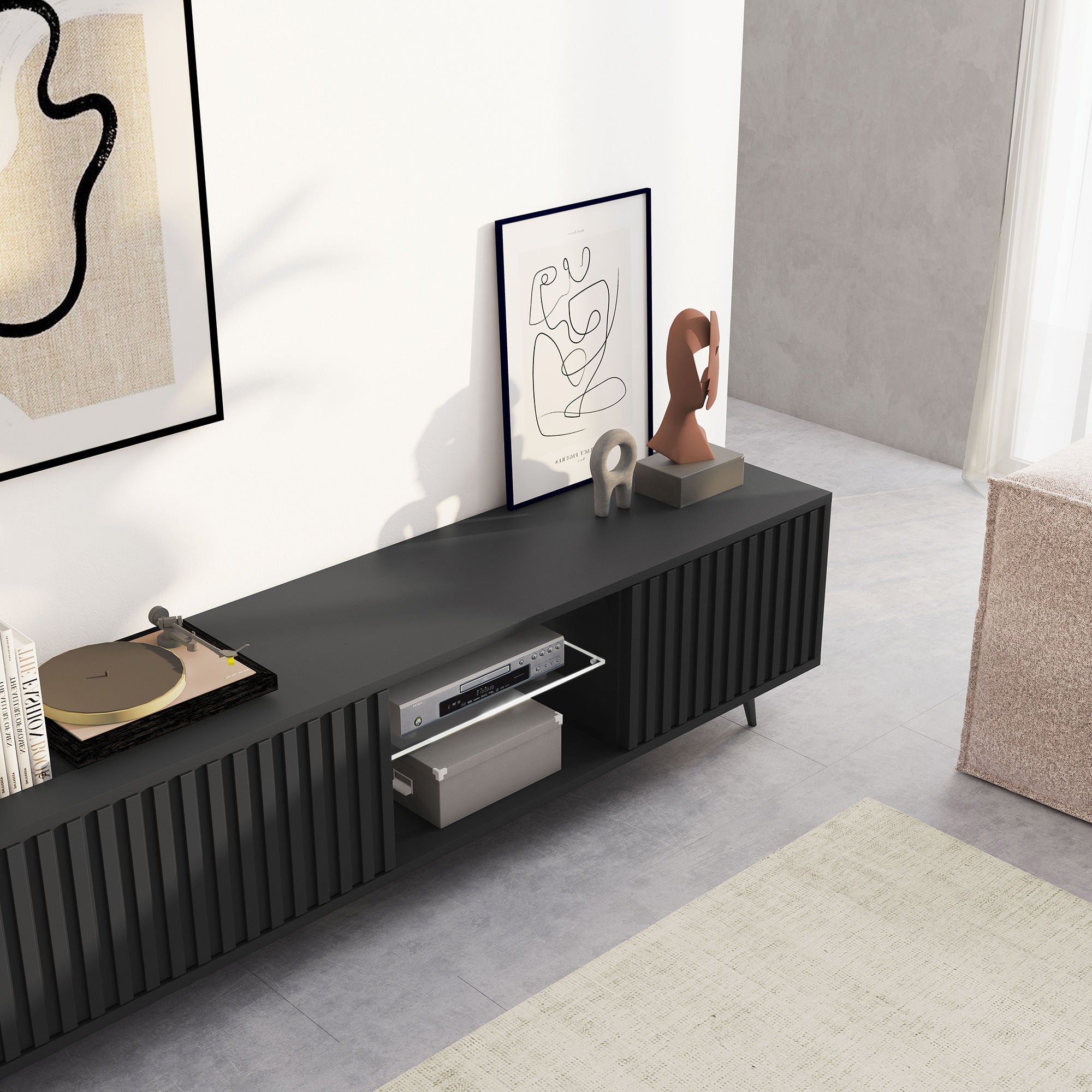TV-Schrank Bello mit Lamellenfronten, 175 cm, schwarz, mit LED und schwarzen Beinen