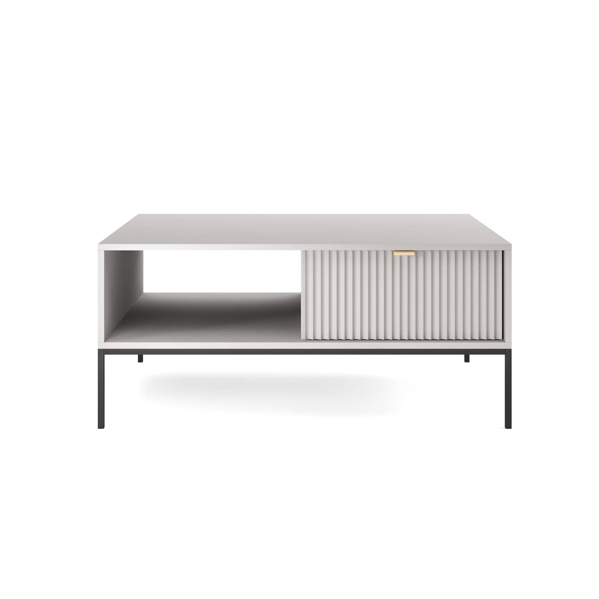 Couchtisch Vellore 104x68 cm grau mit geriffelter Front und goldenem Griff