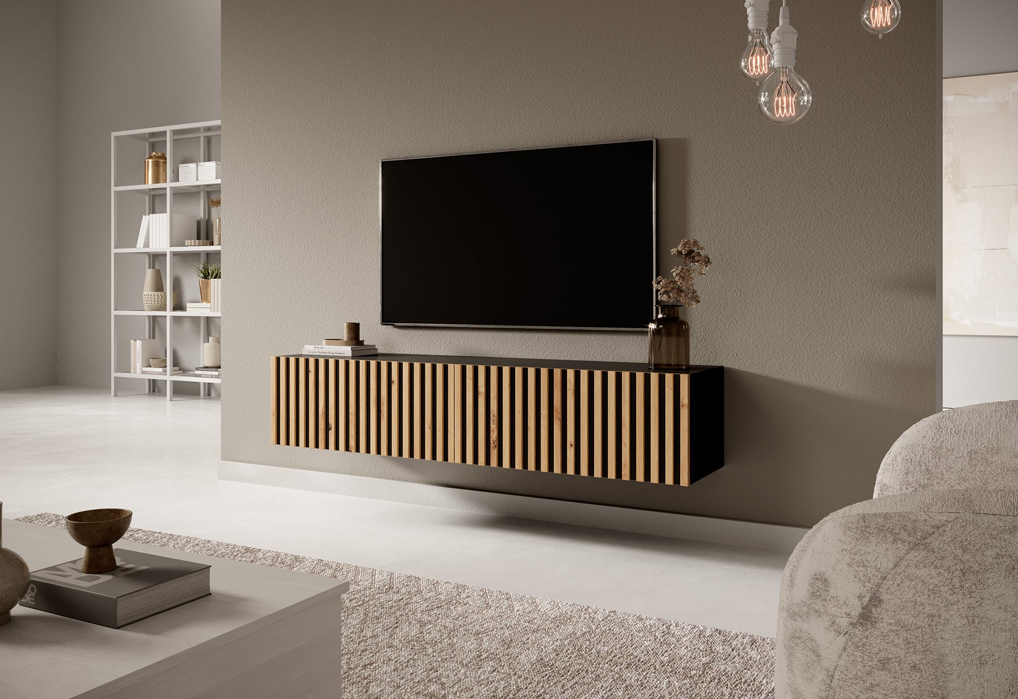 TV-Schrank Telire 138,6 cm schwarz mit lamellenförmiger Front Artisan-Eiche