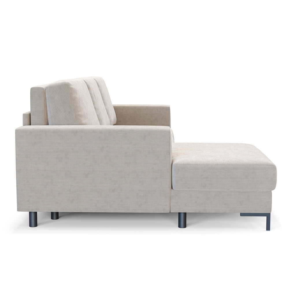 Ecksofa mit Schlaffunktion Mokpeo, L-förmig, mit zwei Stauraumfächern, auf schwarzen Füßen, beige Cordstoff, linksseitig