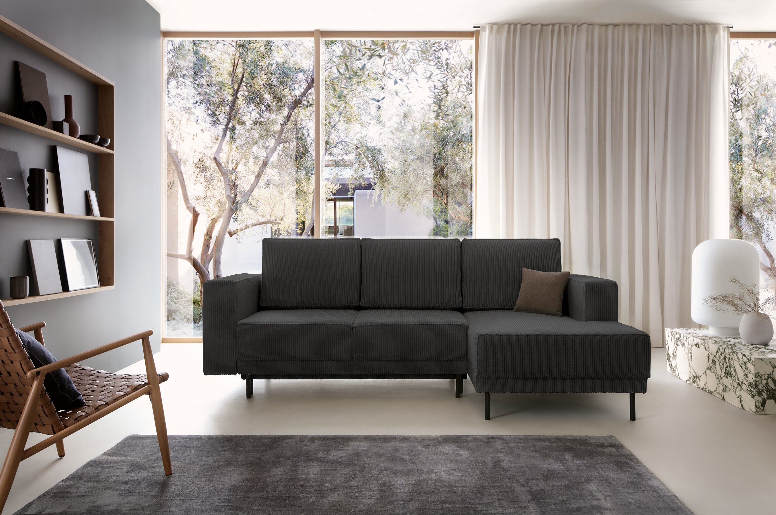 Ecksofa mit Schlaffunktion Rodario Mini, L-förmig, mit Stauraum, dunkelgrauer Cordstoff, rechtsseitig