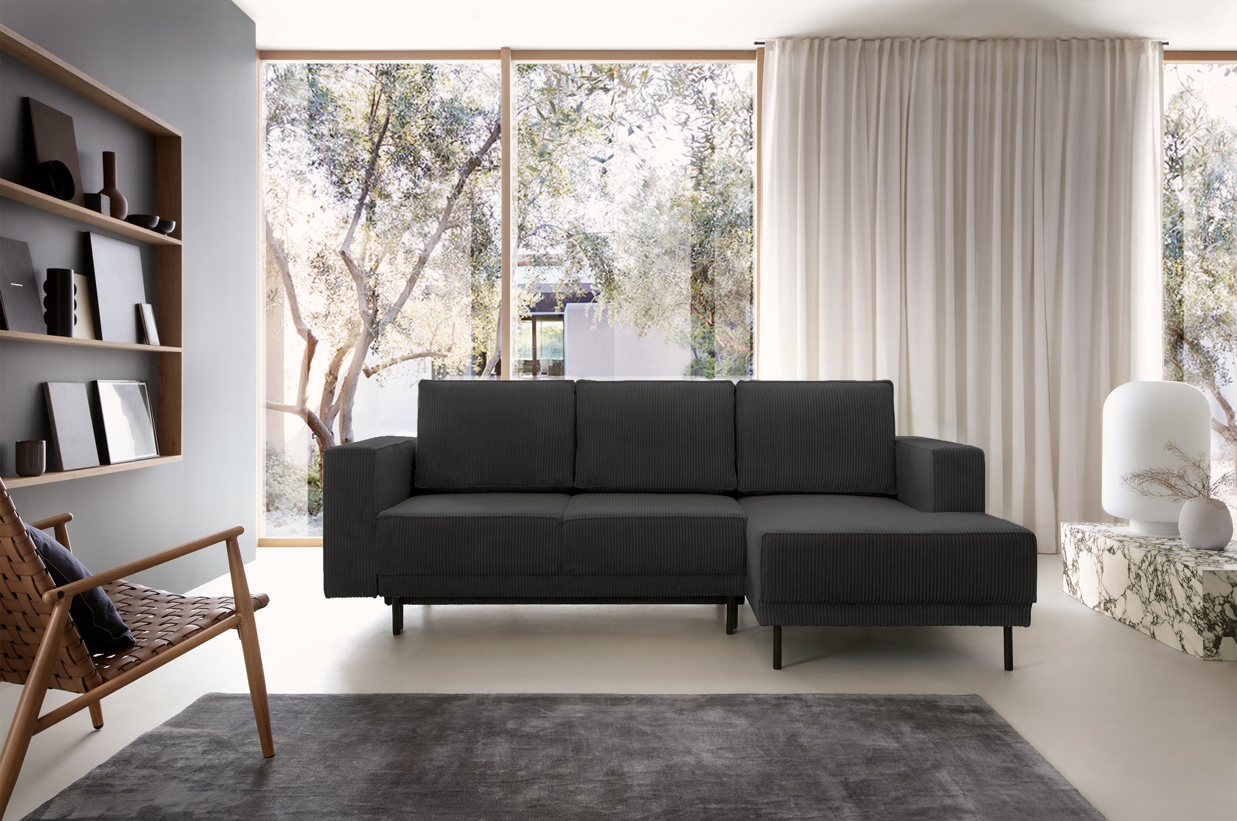 Ecksofa mit Schlaffunktion Rodario Mini, L-förmig, mit Stauraum, dunkelgrauer Cordstoff, rechtsseitig
