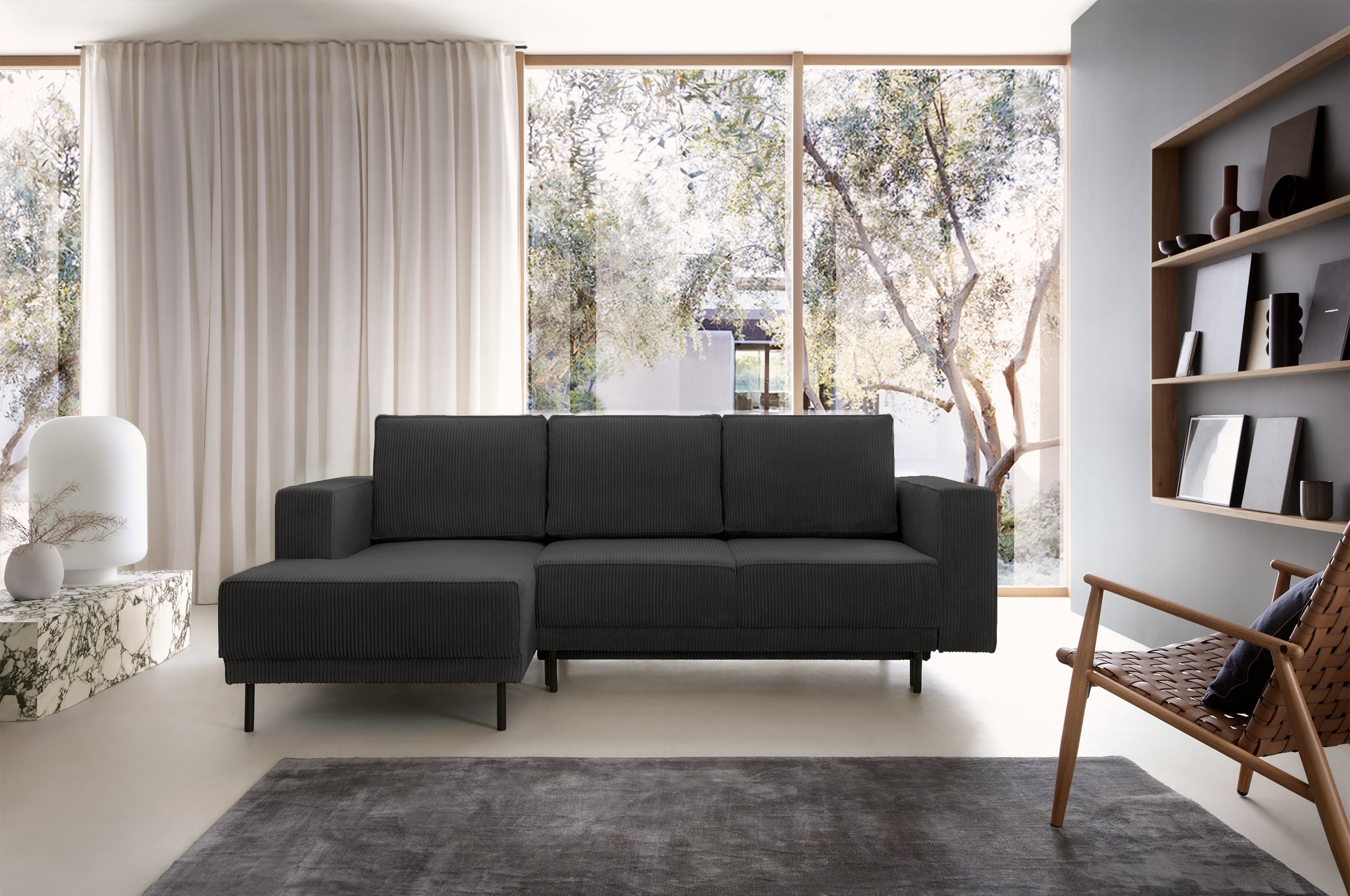 Ecksofa mit Schlafunktion Rodario Mini L-Form mit Stauraum, dunkelgrauer Cord, linksseitig