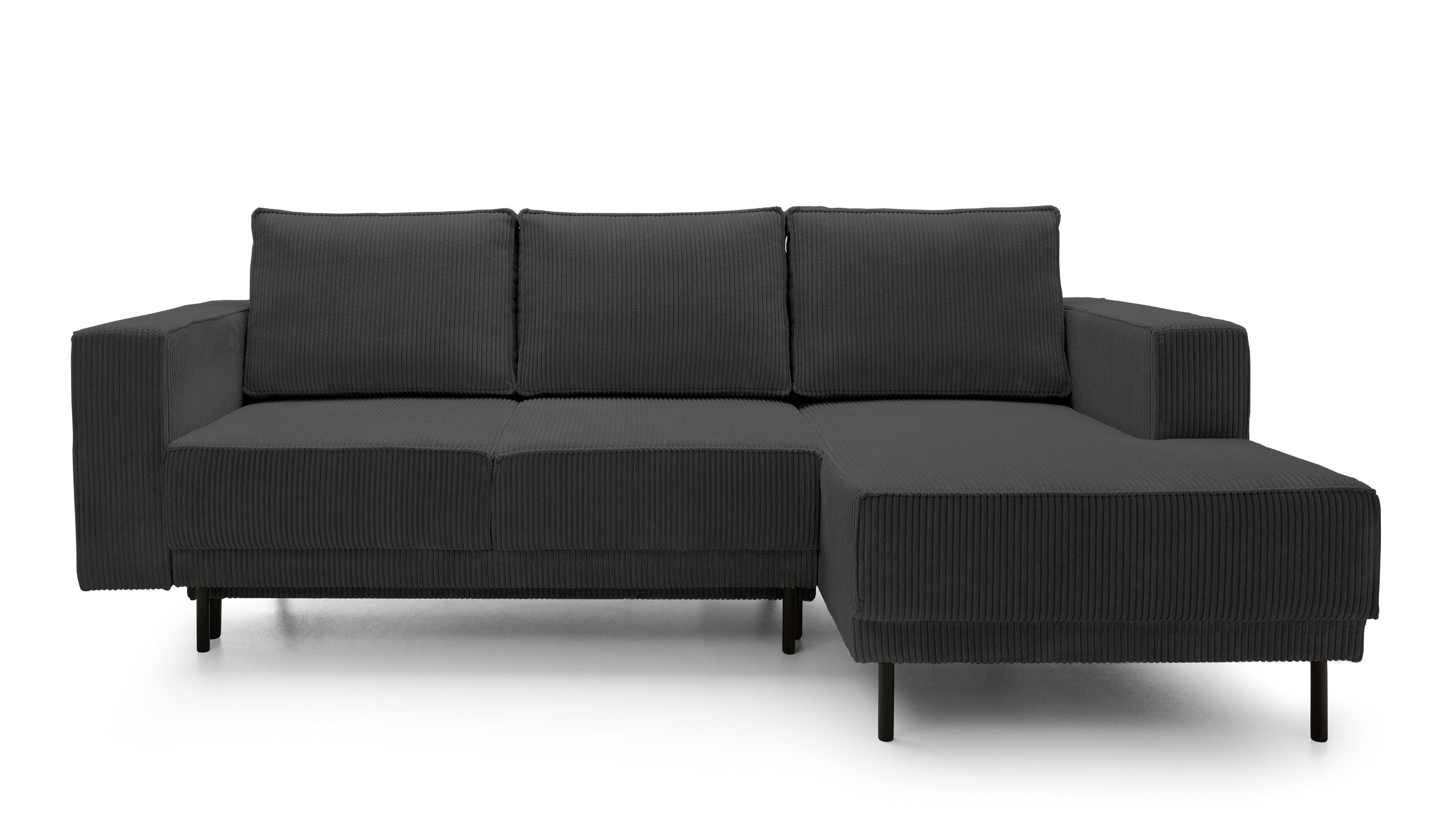 Ecksofa mit Schlaffunktion Rodario Mini, L-förmig, mit Stauraum, dunkelgrauer Cordstoff, rechtsseitig