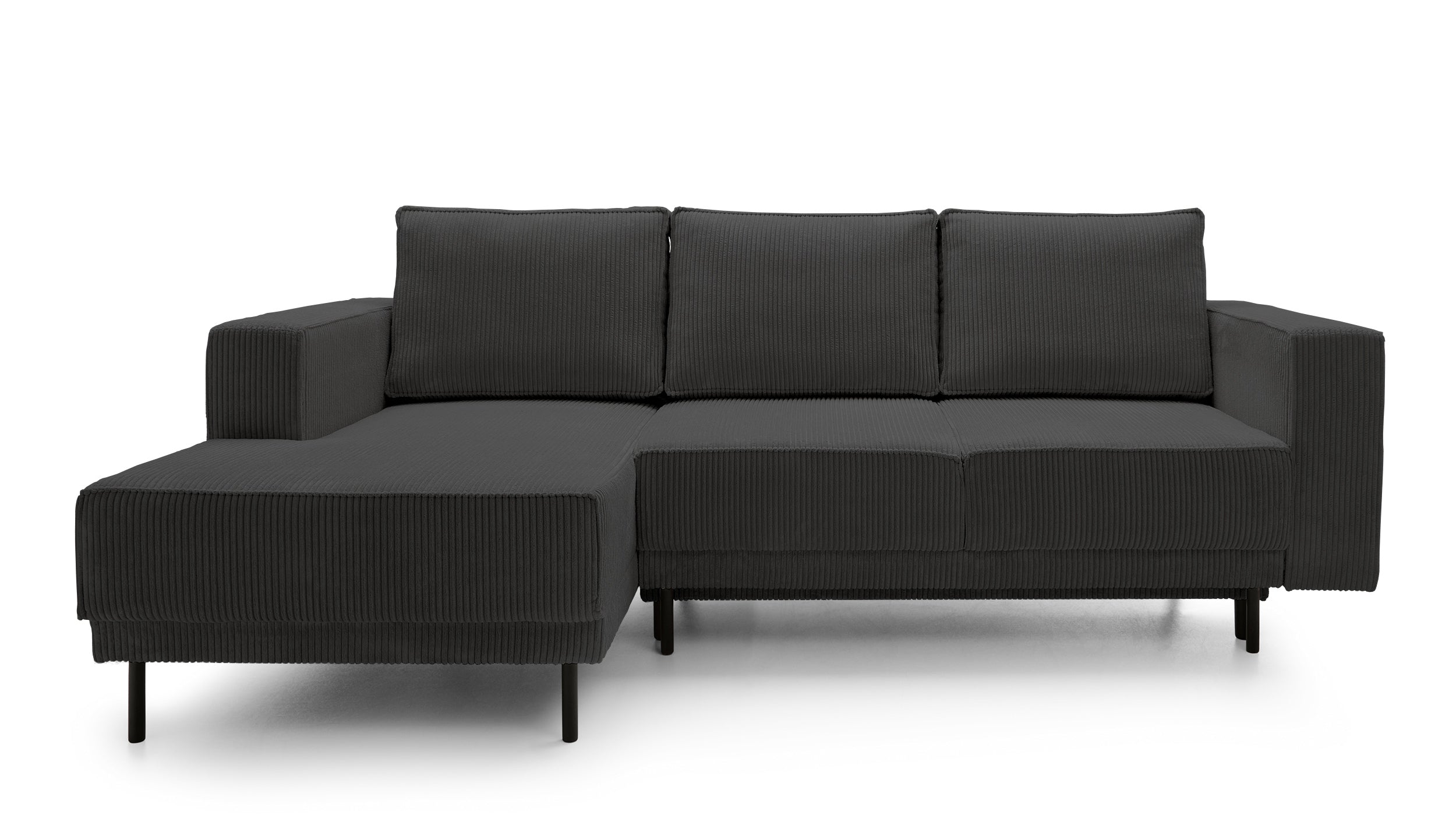 Ecksofa mit Schlafunktion Rodario Mini L-Form mit Stauraum, dunkelgrauer Cord, linksseitig
