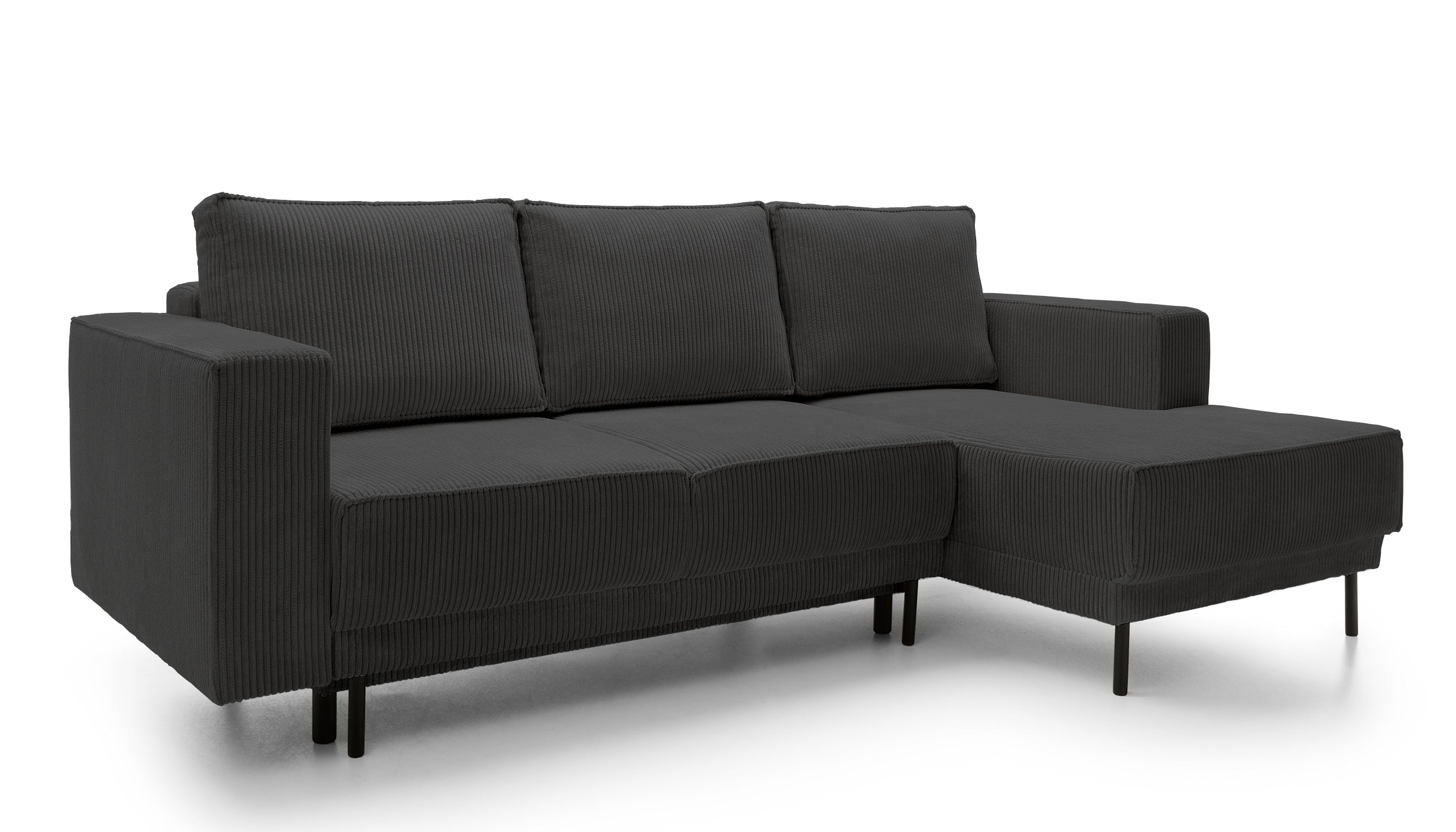 Ecksofa mit Schlaffunktion Rodario Mini, L-förmig, mit Stauraum, dunkelgrauer Cordstoff, rechtsseitig