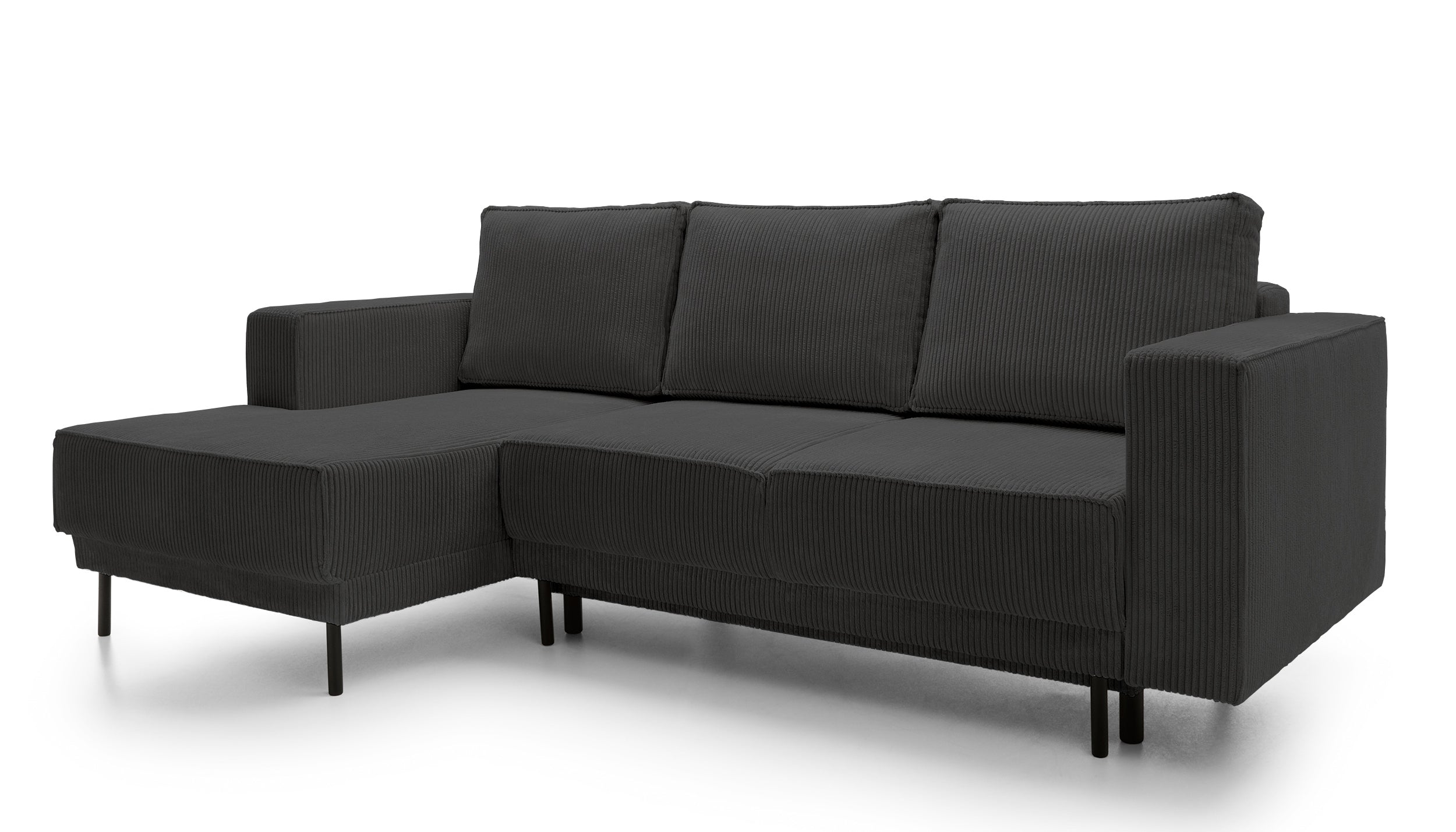Ecksofa mit Schlafunktion Rodario Mini L-Form mit Stauraum, dunkelgrauer Cord, linksseitig