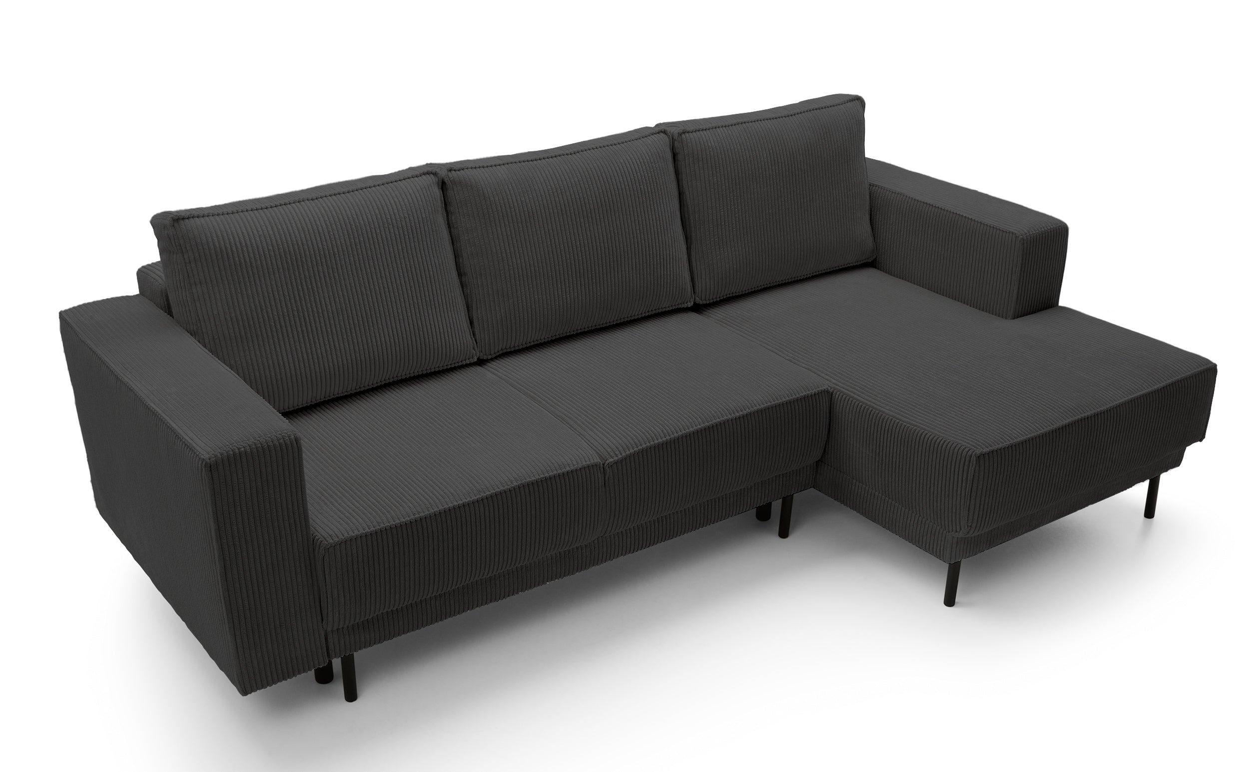 Ecksofa mit Schlaffunktion Rodario Mini, L-förmig, mit Stauraum, dunkelgrauer Cordstoff, rechtsseitig