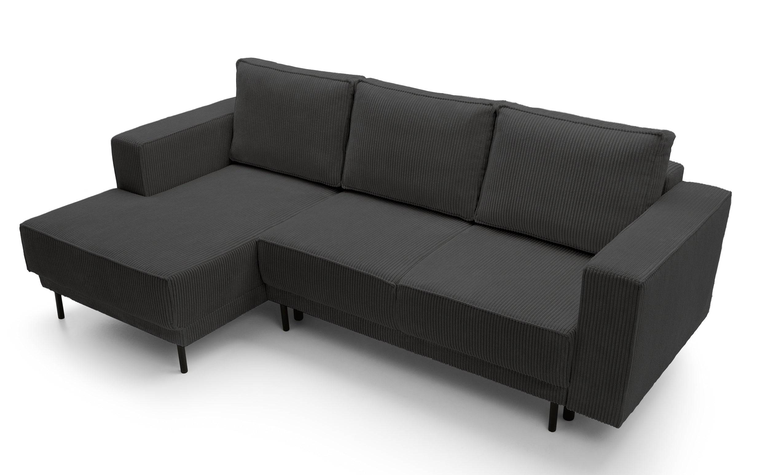 Ecksofa mit Schlafunktion Rodario Mini L-Form mit Stauraum, dunkelgrauer Cord, linksseitig