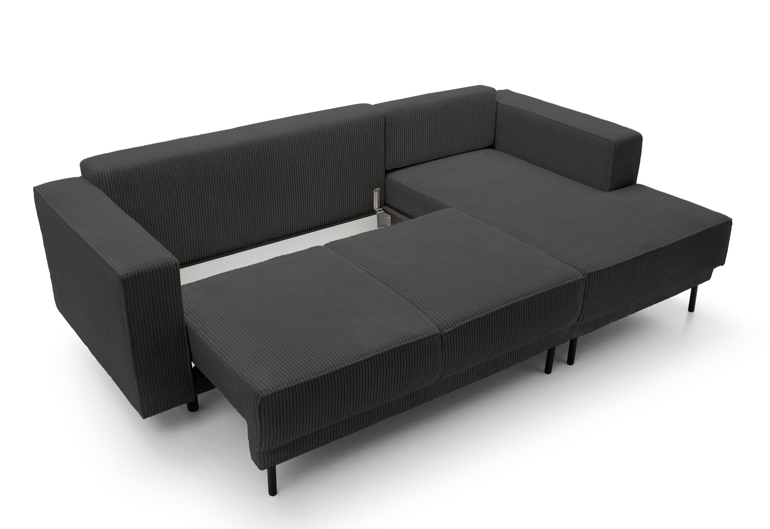 Ecksofa mit Schlaffunktion Rodario Mini, L-förmig, mit Stauraum, dunkelgrauer Cordstoff, rechtsseitig