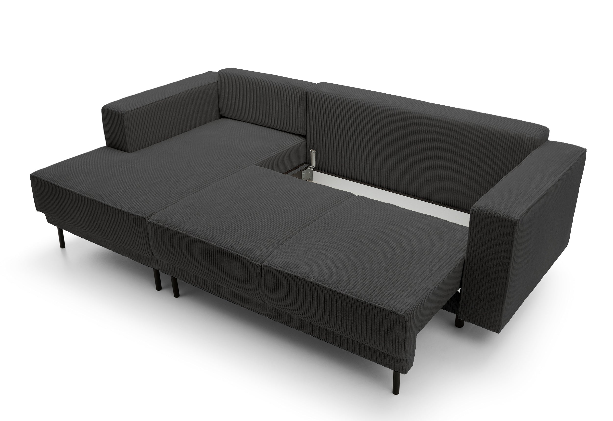 Ecksofa mit Schlafunktion Rodario Mini L-Form mit Stauraum, dunkelgrauer Cord, linksseitig