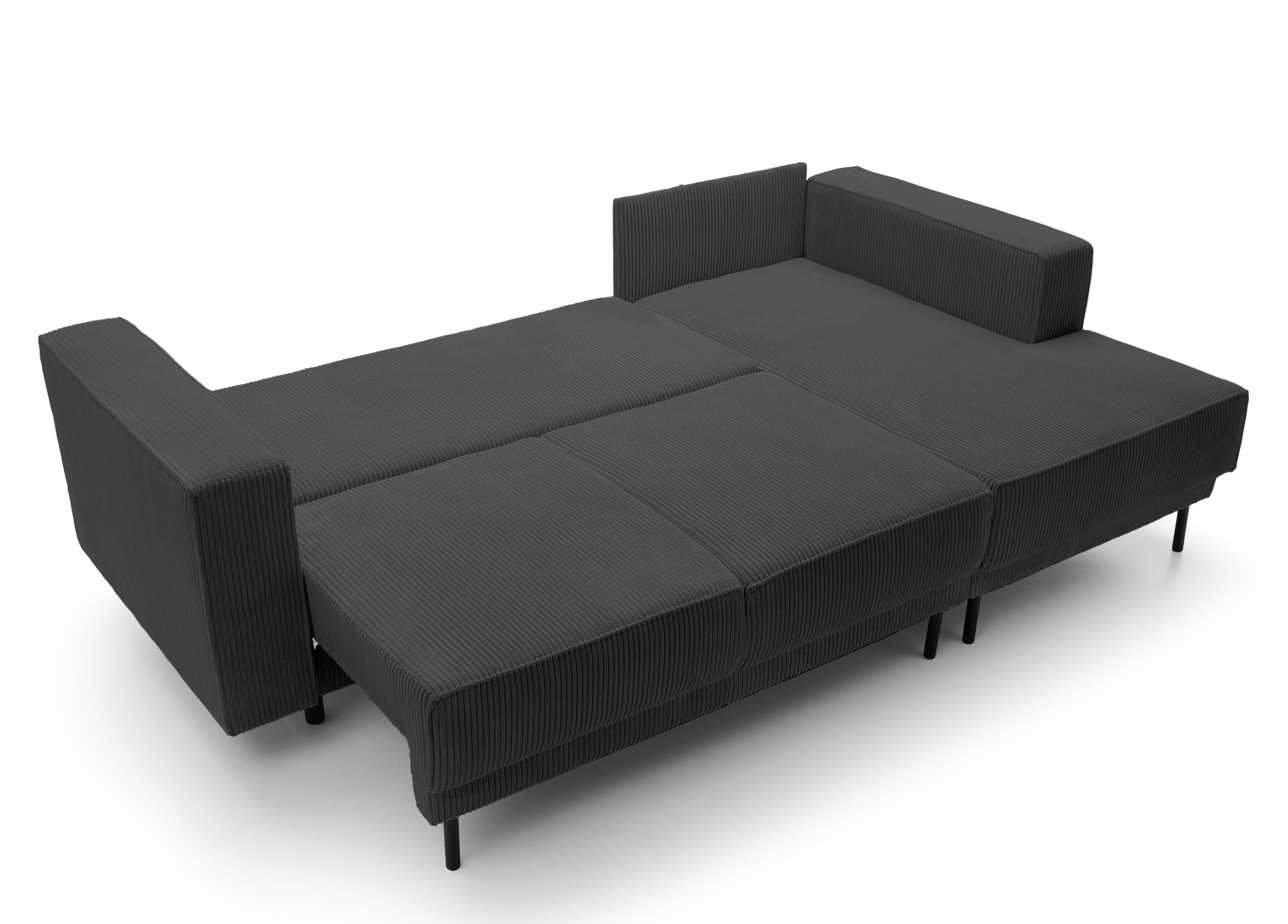 Ecksofa mit Schlaffunktion Rodario Mini, L-förmig, mit Stauraum, dunkelgrauer Cordstoff, rechtsseitig