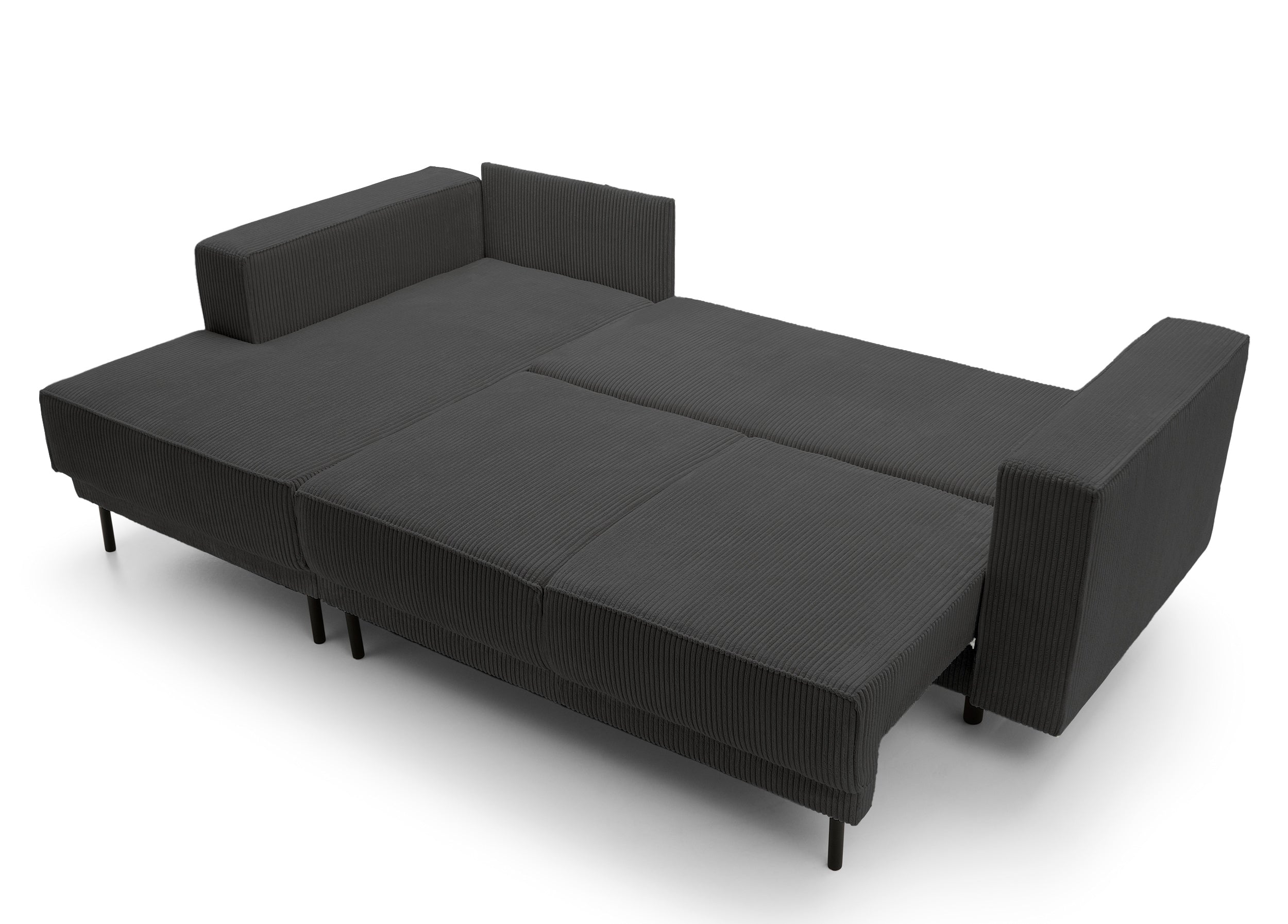 Ecksofa mit Schlafunktion Rodario Mini L-Form mit Stauraum, dunkelgrauer Cord, linksseitig