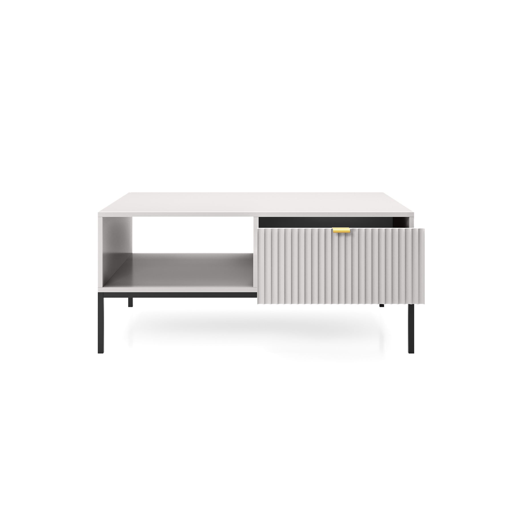 Couchtisch Vellore 104x68 cm grau mit geriffelter Front und goldenem Griff