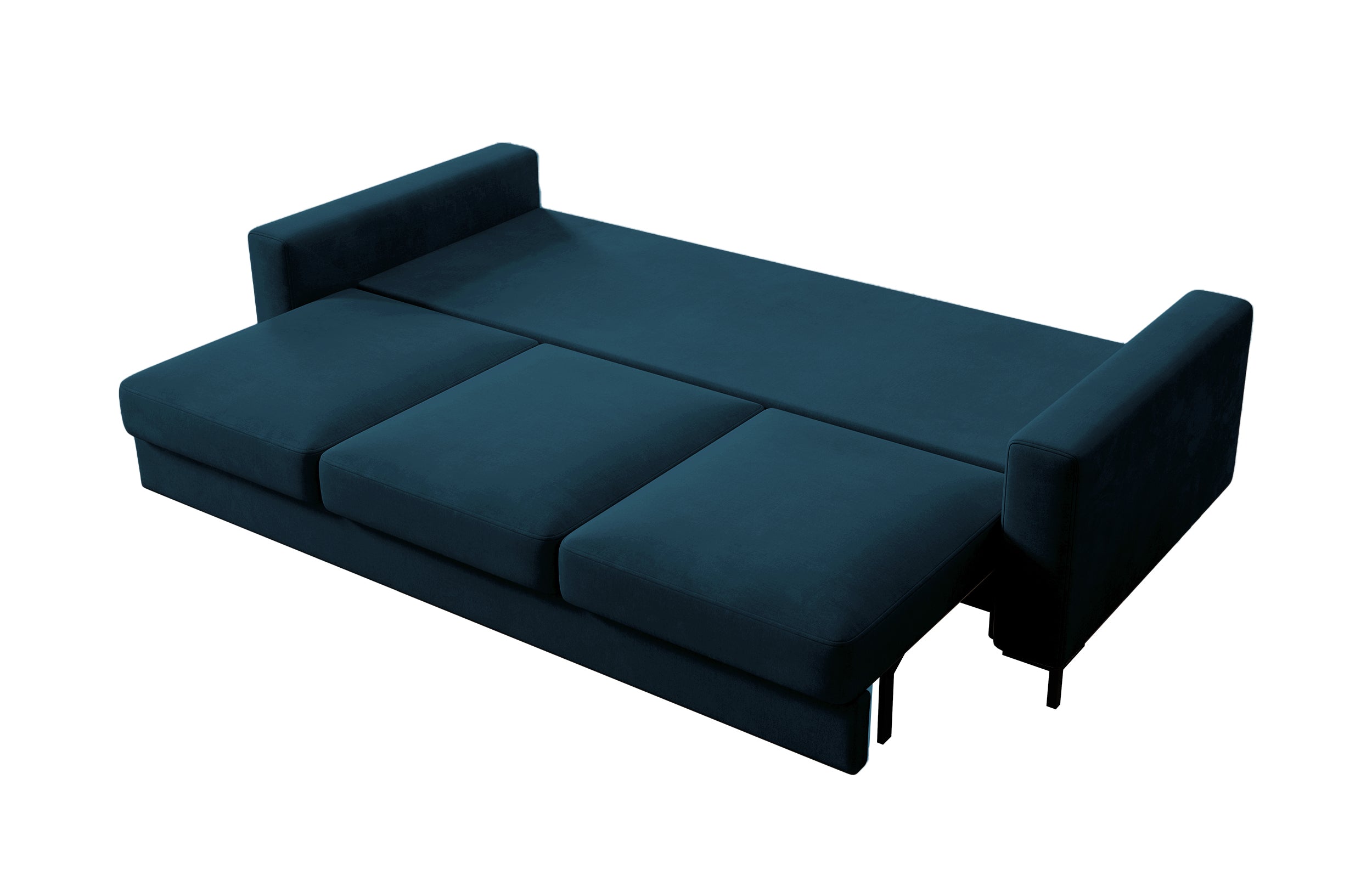 Dreisitziges ausklappbares Sofa Mokpeo mit Stauraum, dunkelblauer Samtvelours
