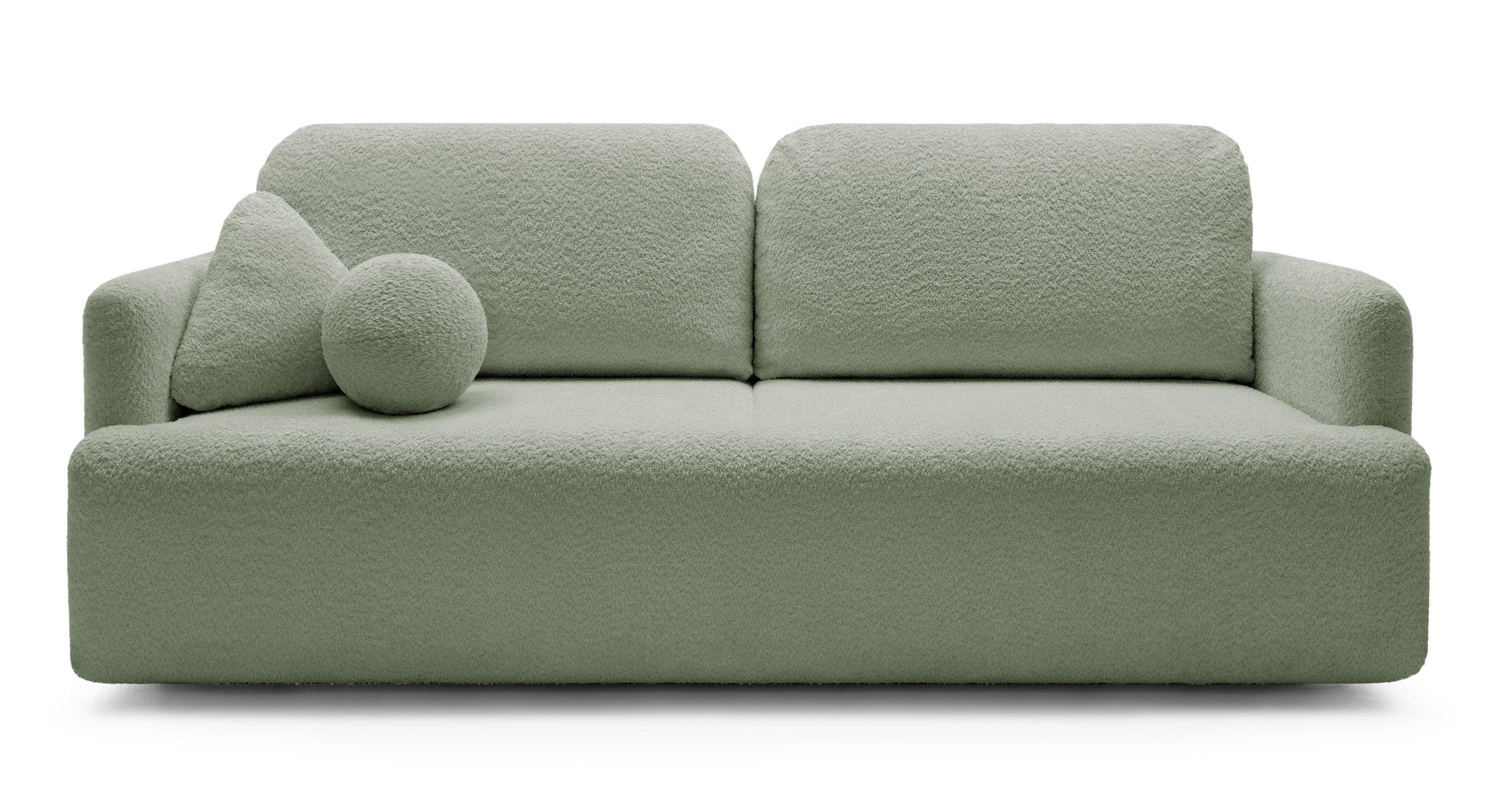 Dreisitziges ausklappbares Sofa Lambina mit Stauraum, Salbeigrüner Bouclé-Bezug