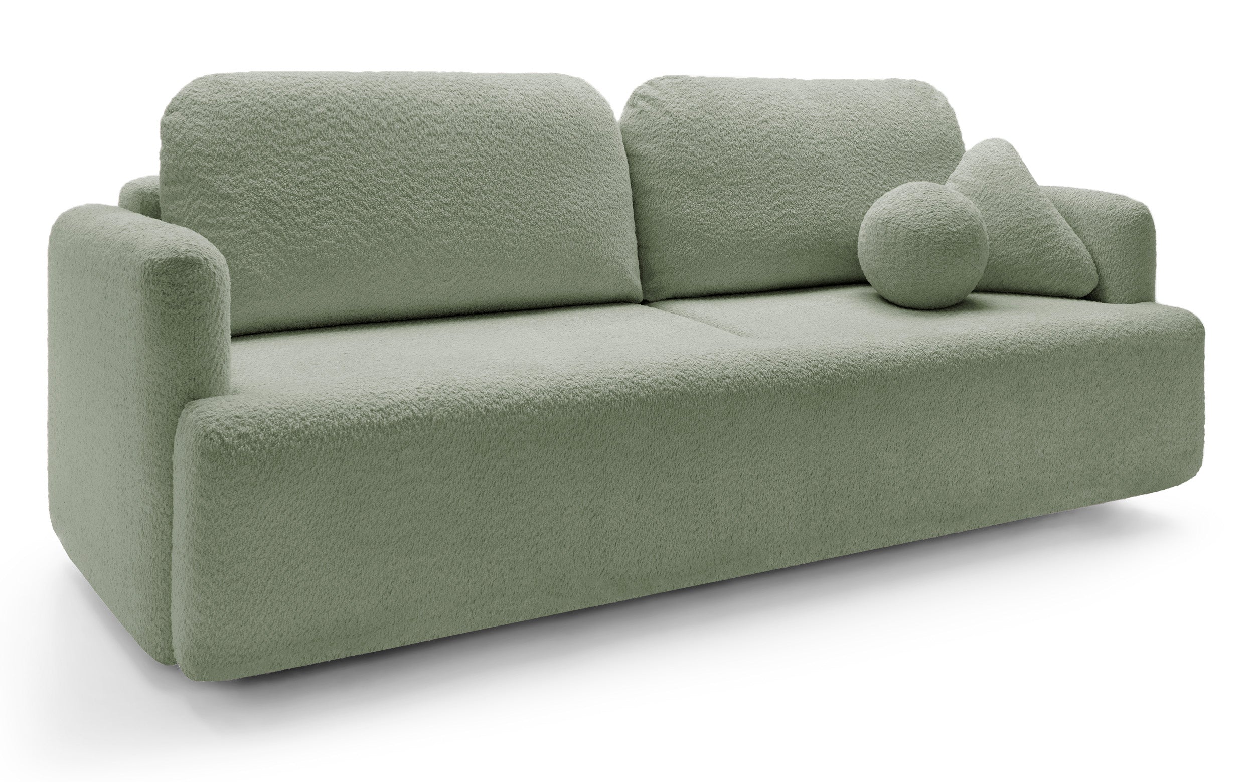 Dreisitziges ausklappbares Sofa Lambina mit Stauraum, Salbeigrüner Bouclé-Bezug
