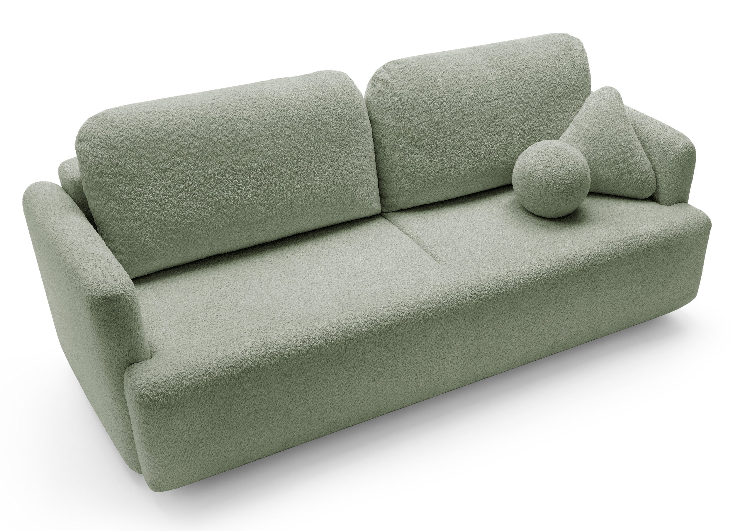 Dreisitziges ausklappbares Sofa Lambina mit Stauraum, Salbeigrüner Bouclé-Bezug