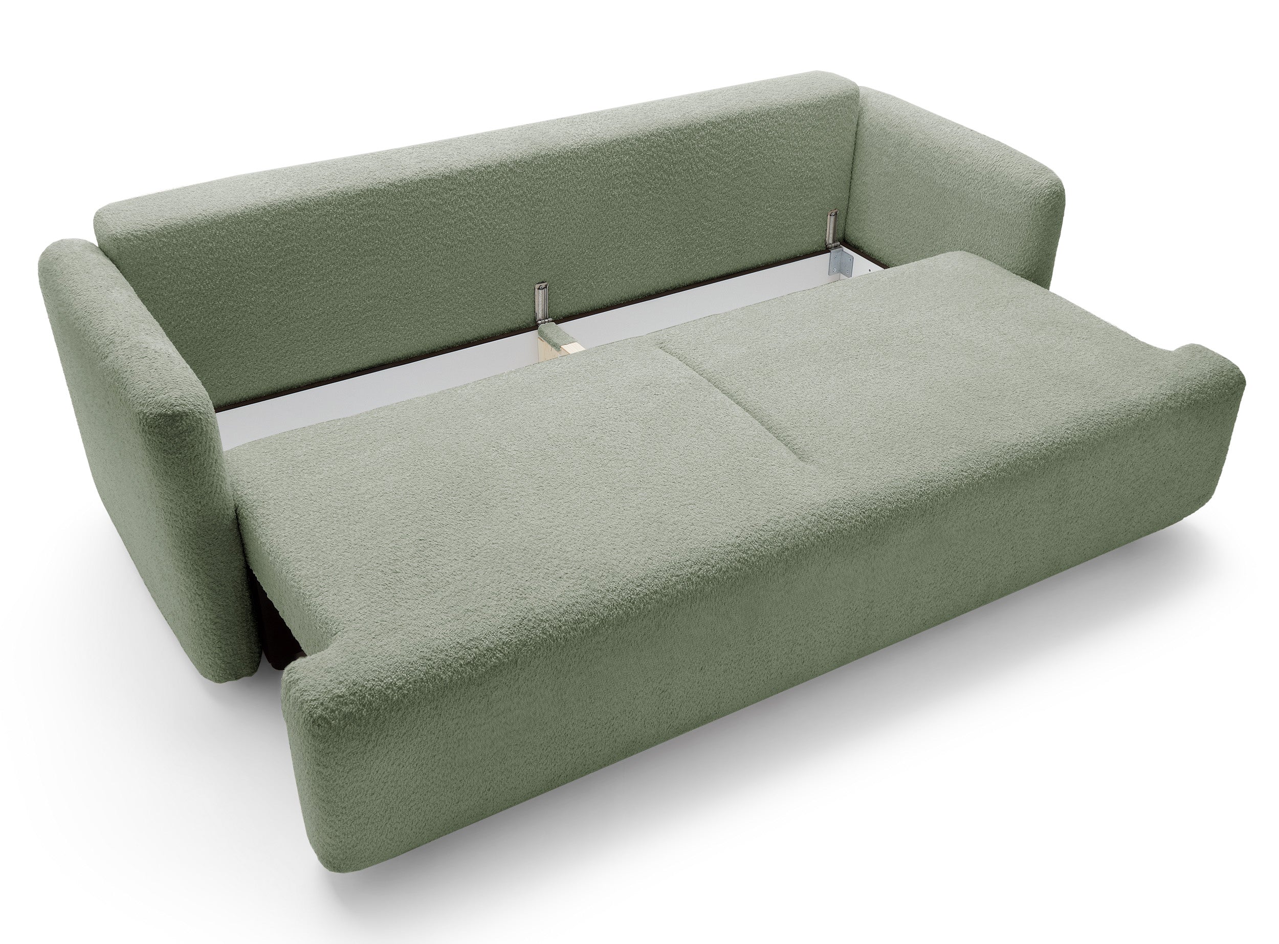 Dreisitziges ausklappbares Sofa Lambina mit Stauraum, Salbeigrüner Bouclé-Bezug