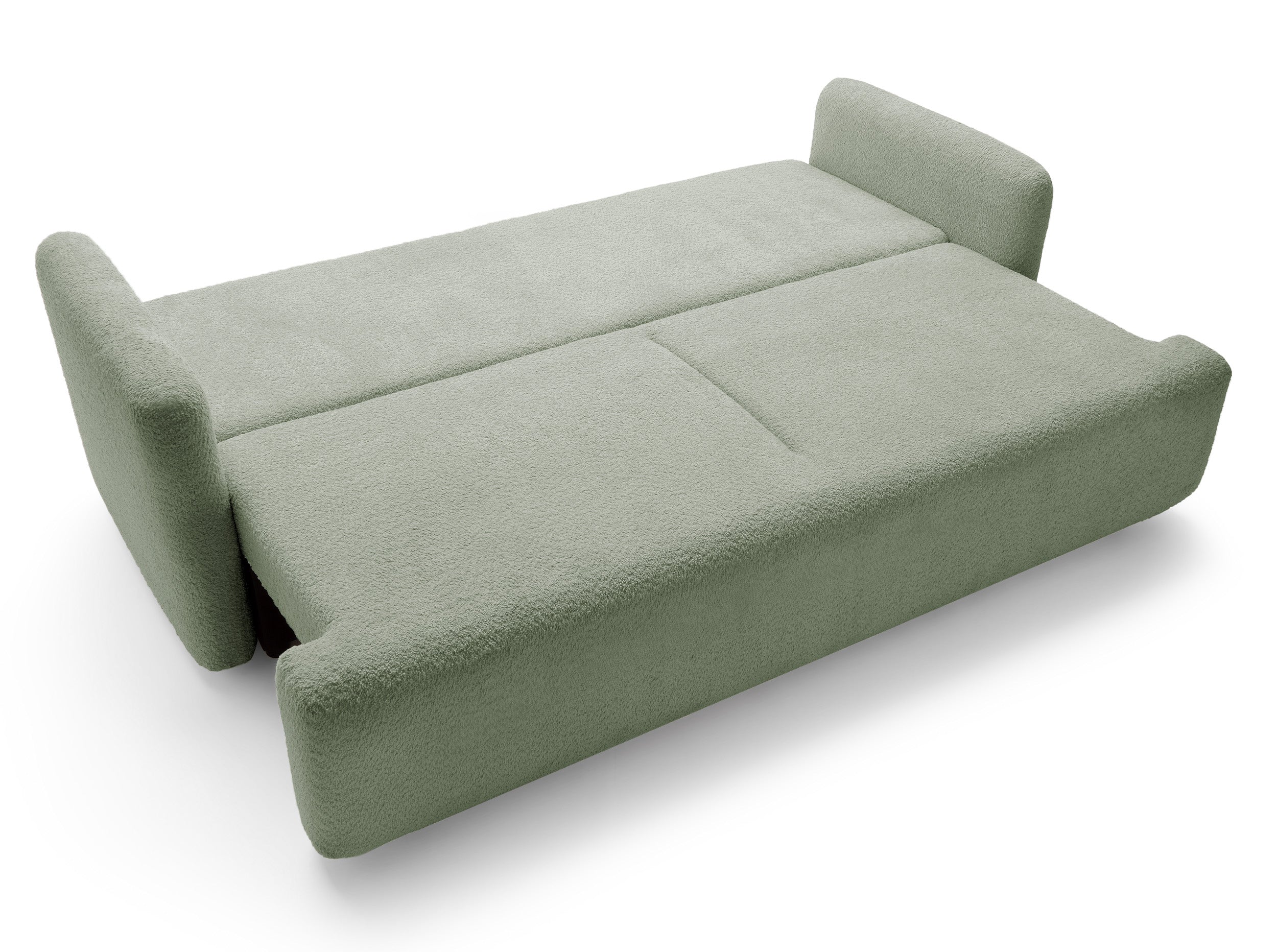 Dreisitziges ausklappbares Sofa Lambina mit Stauraum, Salbeigrüner Bouclé-Bezug
